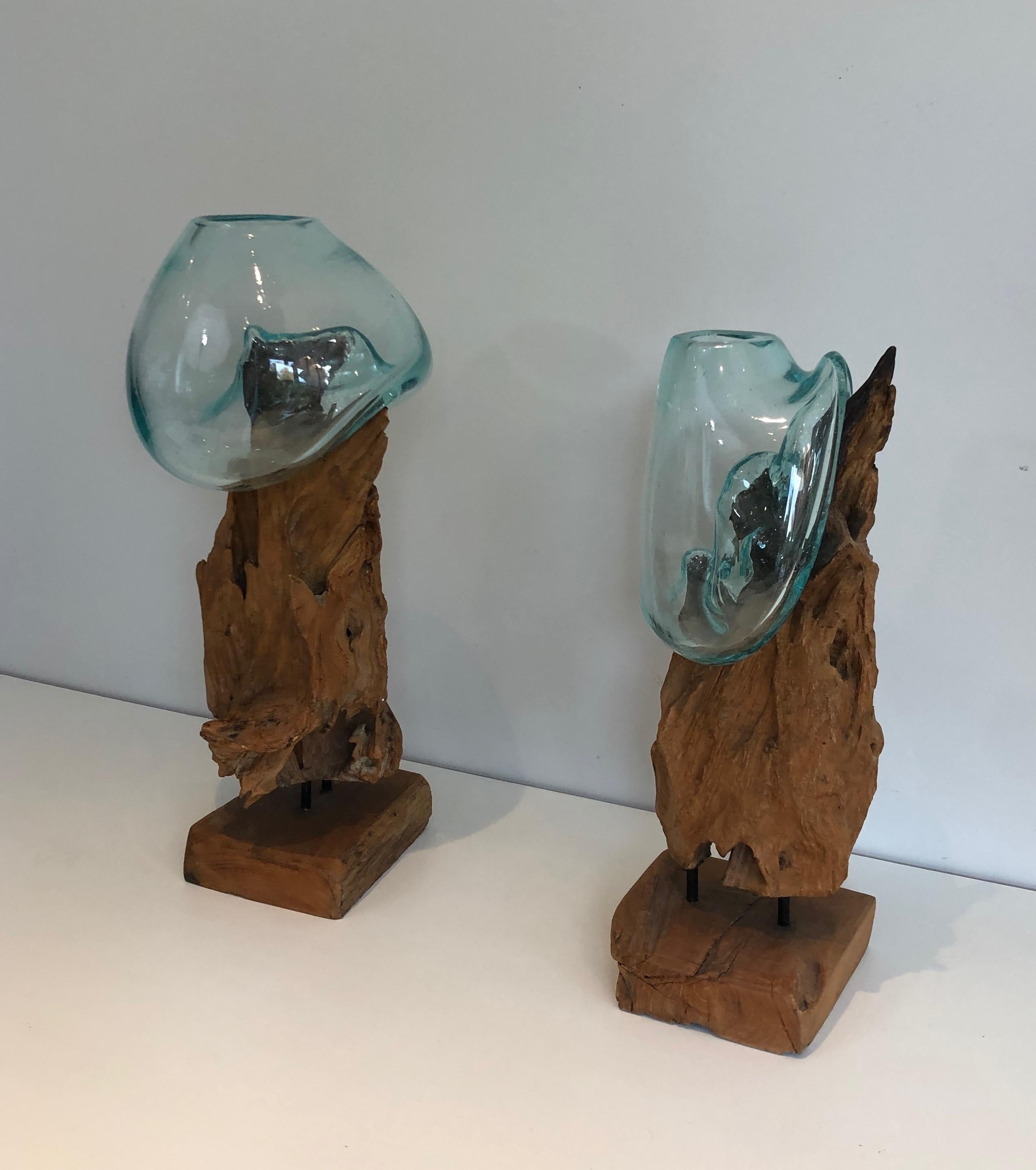 French Pair of Wood and Glass Vases For Sale
