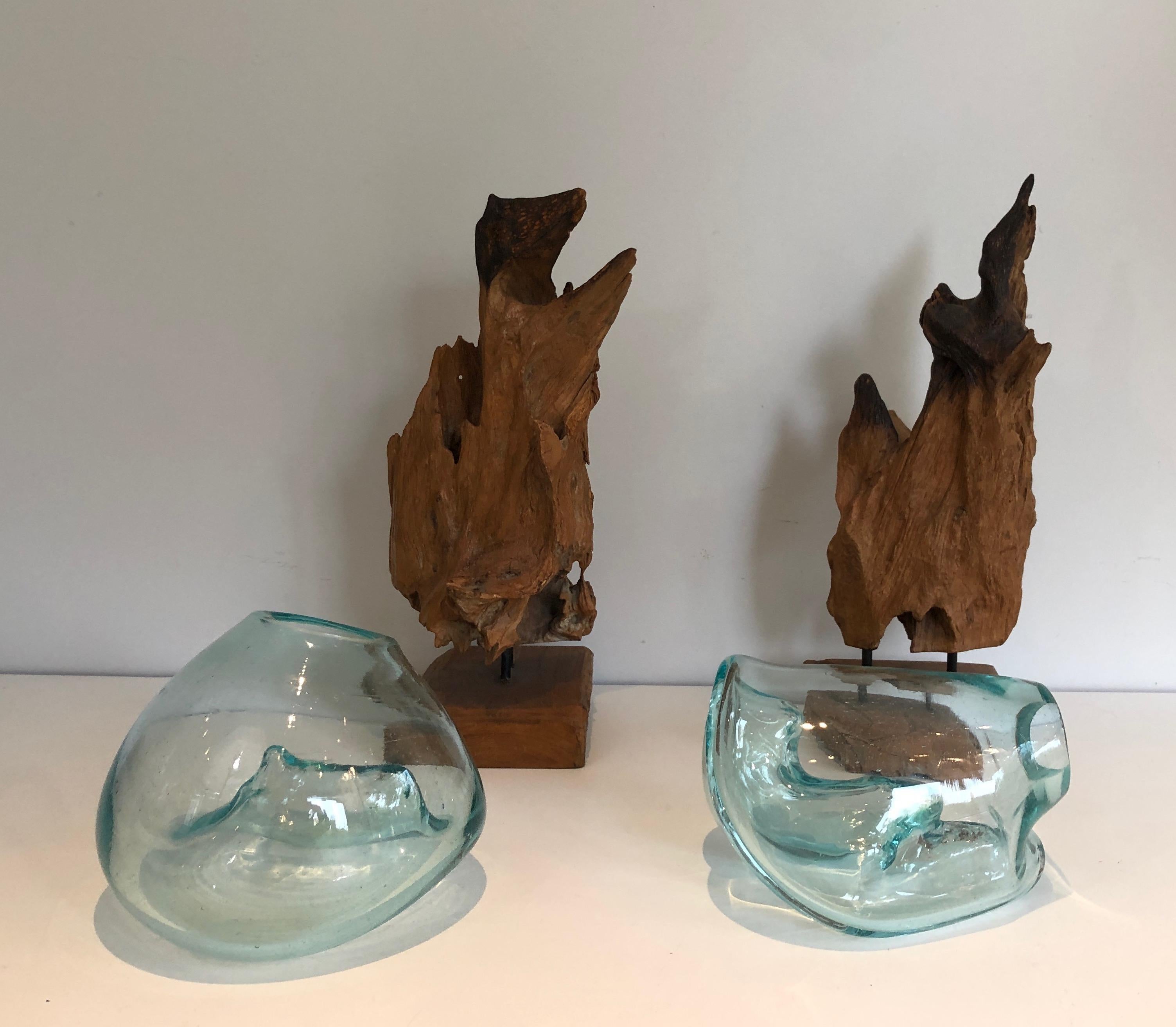 Pair of Wood and Glass Vases In Good Condition For Sale In Marcq-en-Barœul, Hauts-de-France