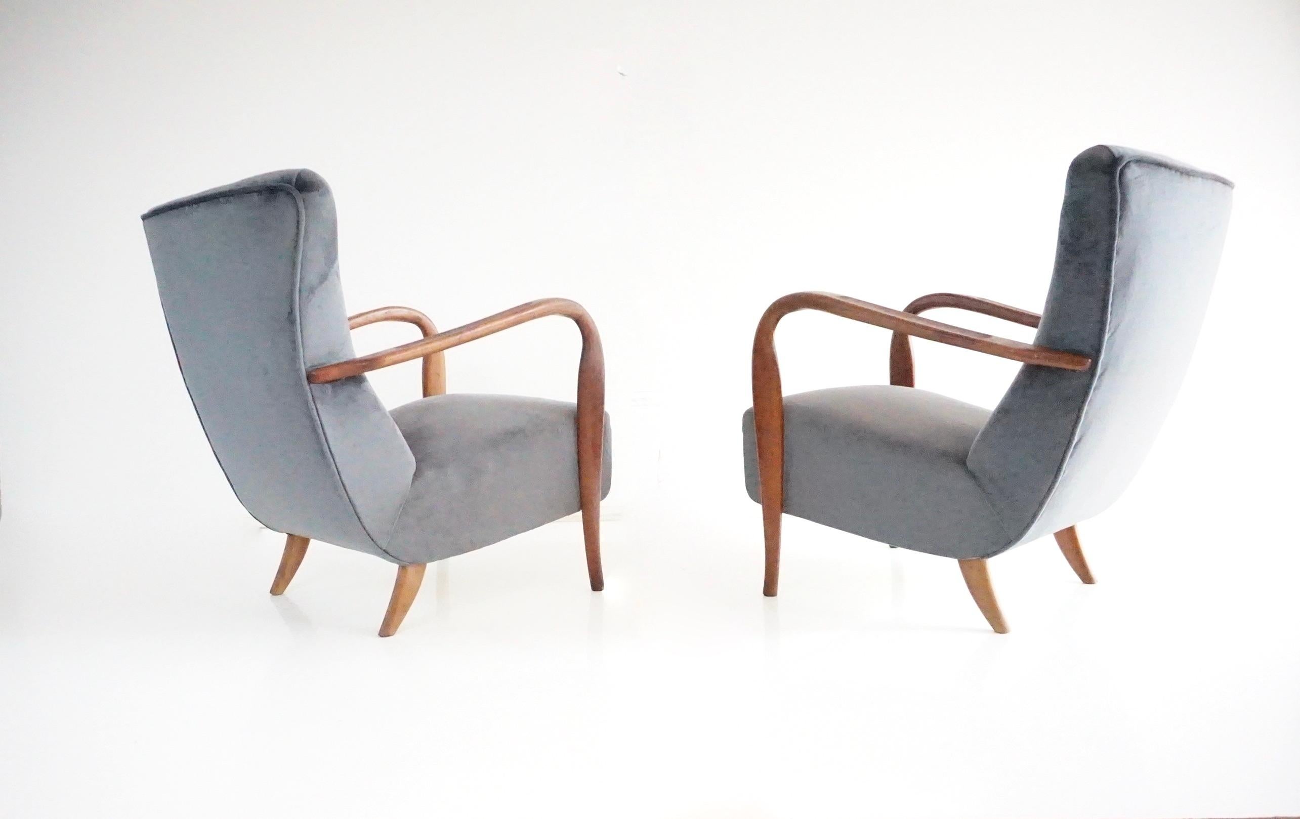 pareja de sillones de madera y terciopelo gris mod. 401 de Cassina, Meda, 1940 Terciopelo en venta