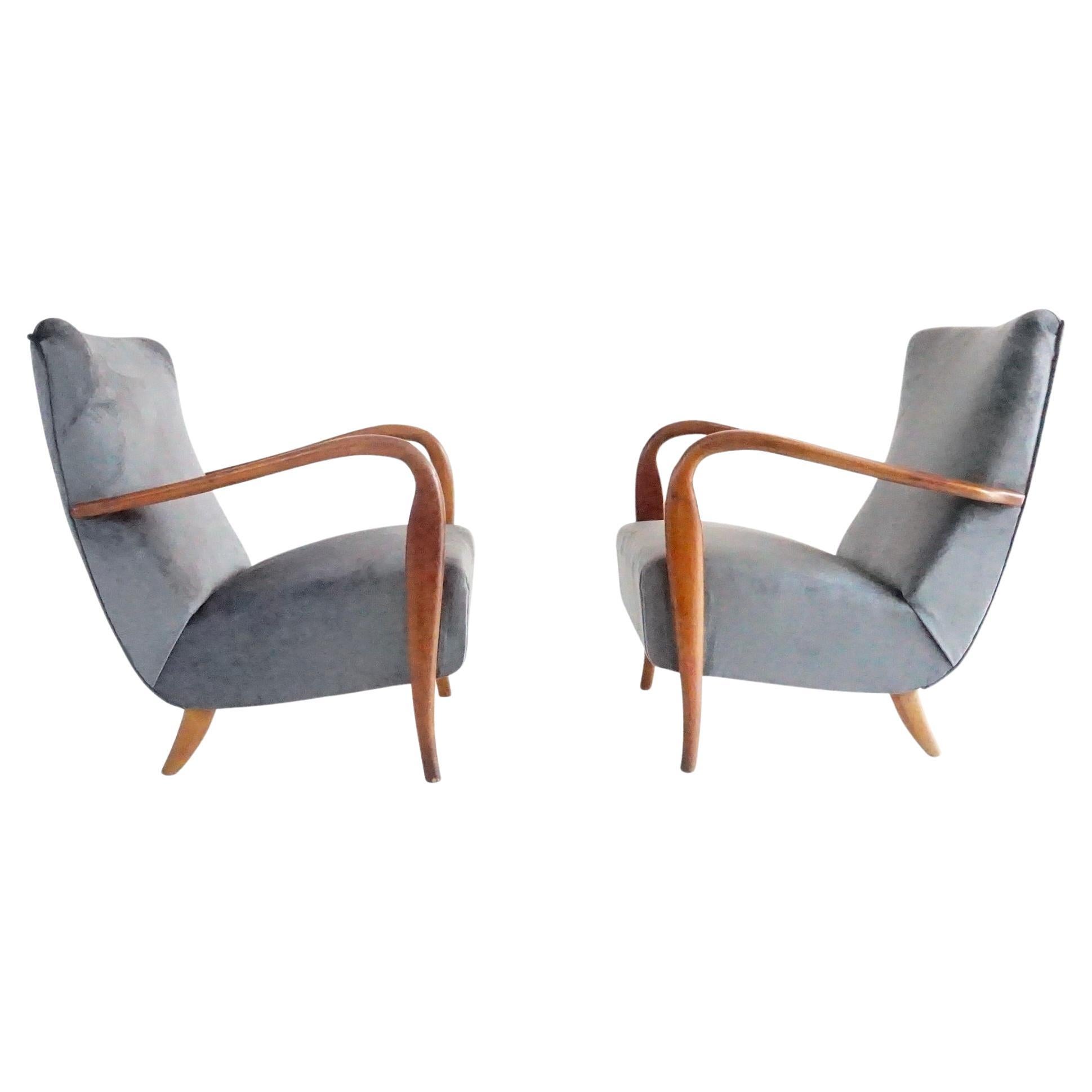 pareja de sillones de madera y terciopelo gris mod. 401 de Cassina, Meda, 1940 en venta
