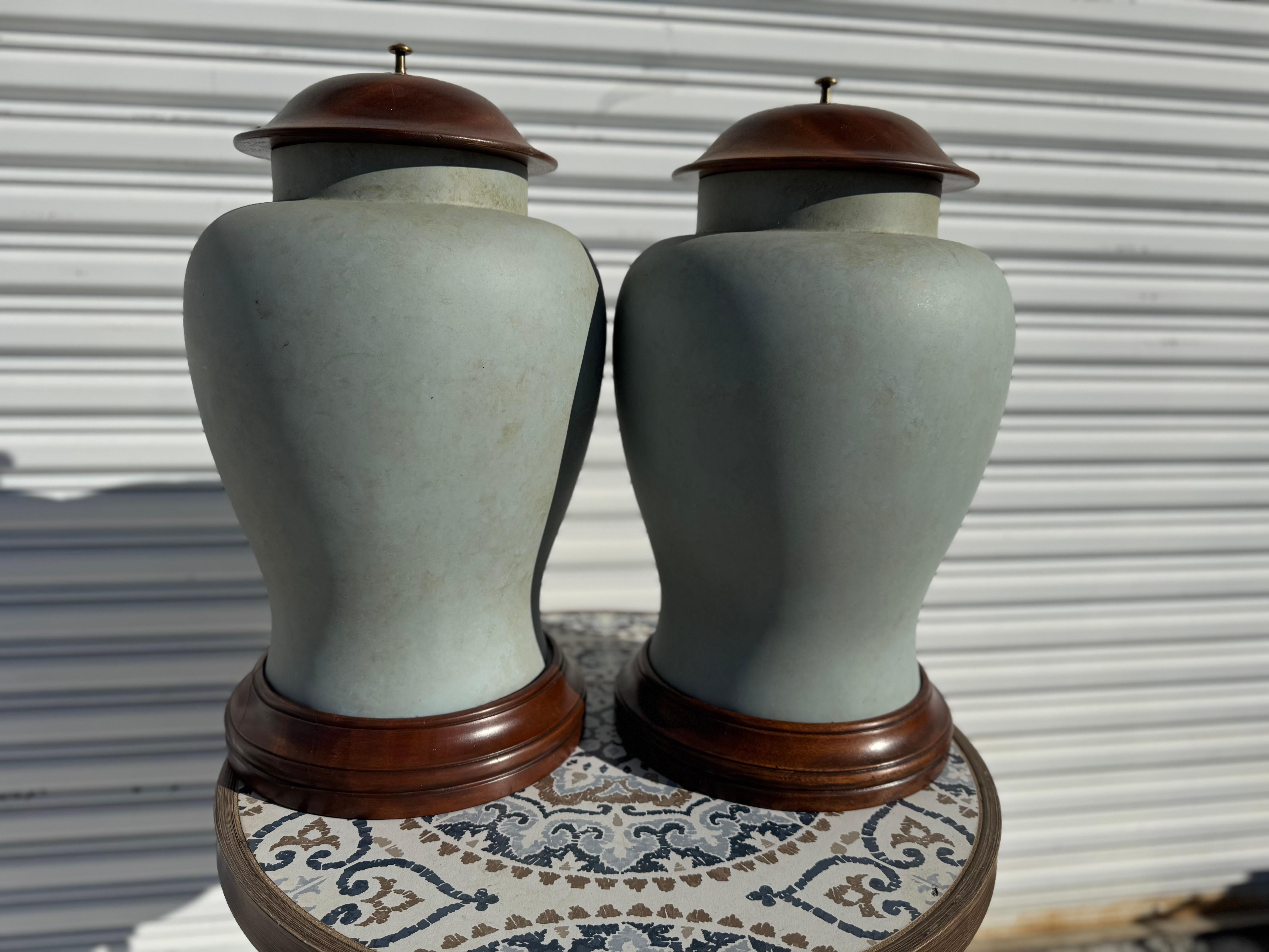 Modern Pair of Wood and Heavy Plastic Urns For Sale