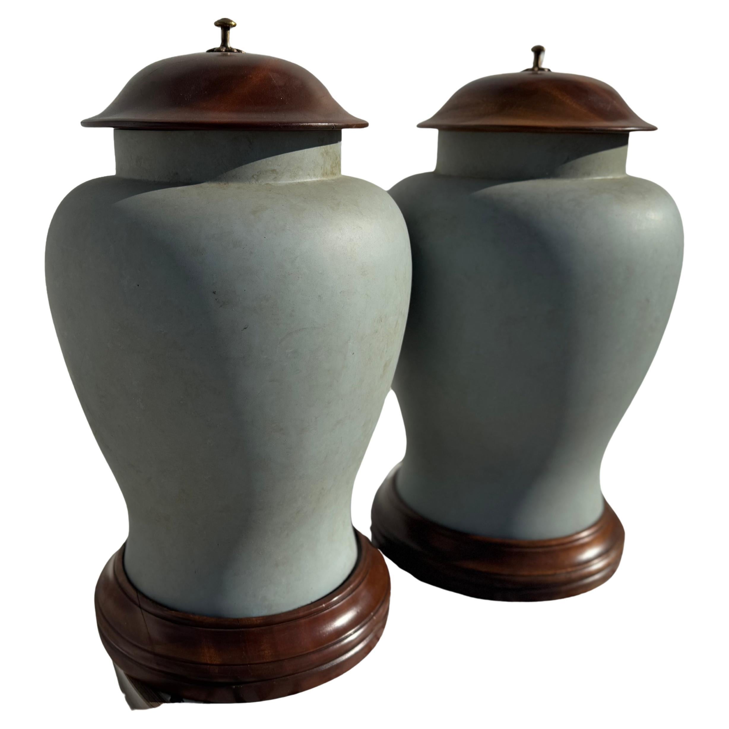 Pair of Wood and Heavy Plastic Urns For Sale