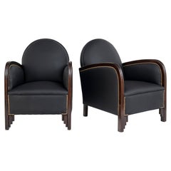 Pair of Wood and Leather Armchairs. Art Deco Period, France, circa 1930