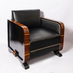 Pair of Wood and Leather Armchairs, Art Deco Period, France, circa 1940