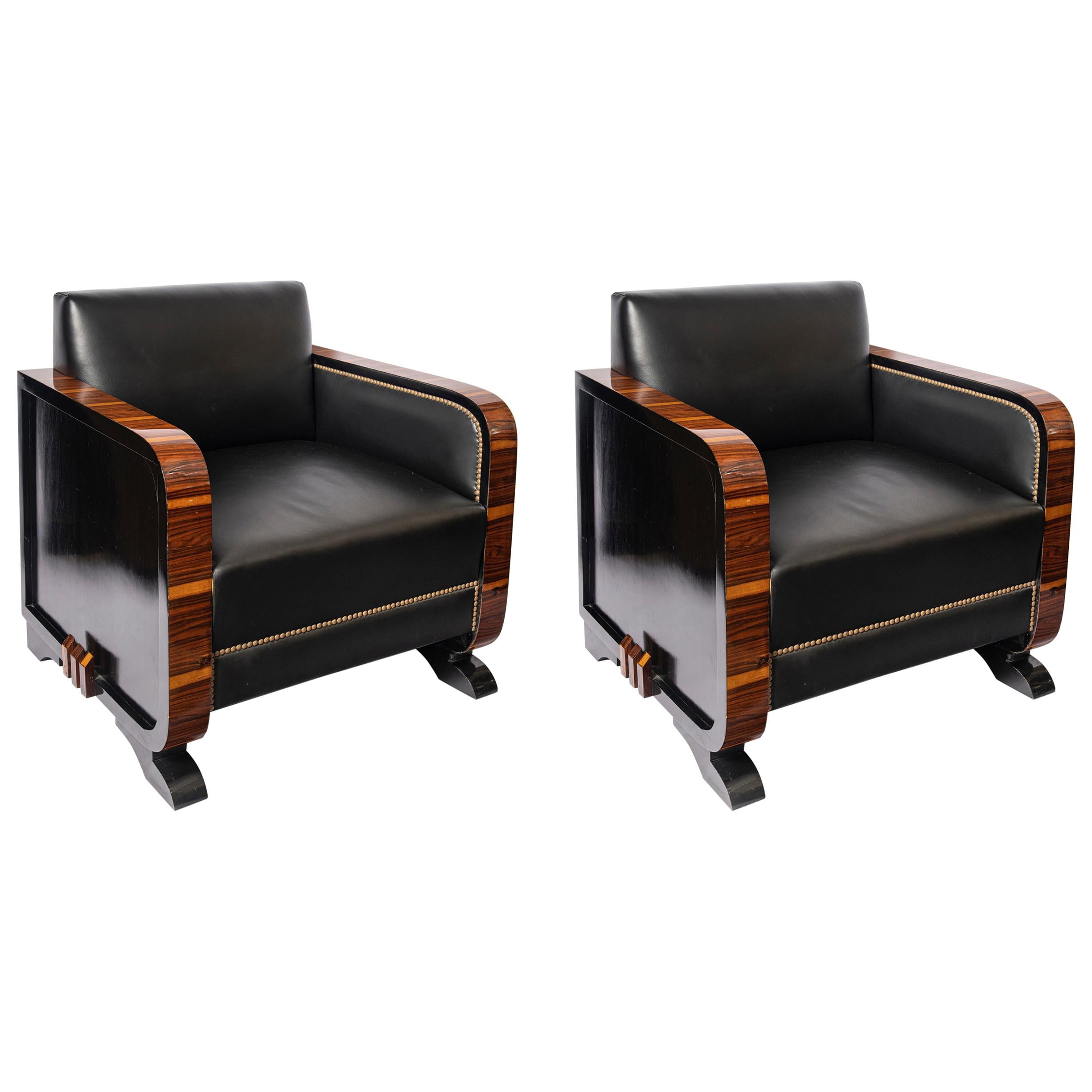 Pair of Wood and Leather Armchairs, Art Deco Period, France, circa 1940
