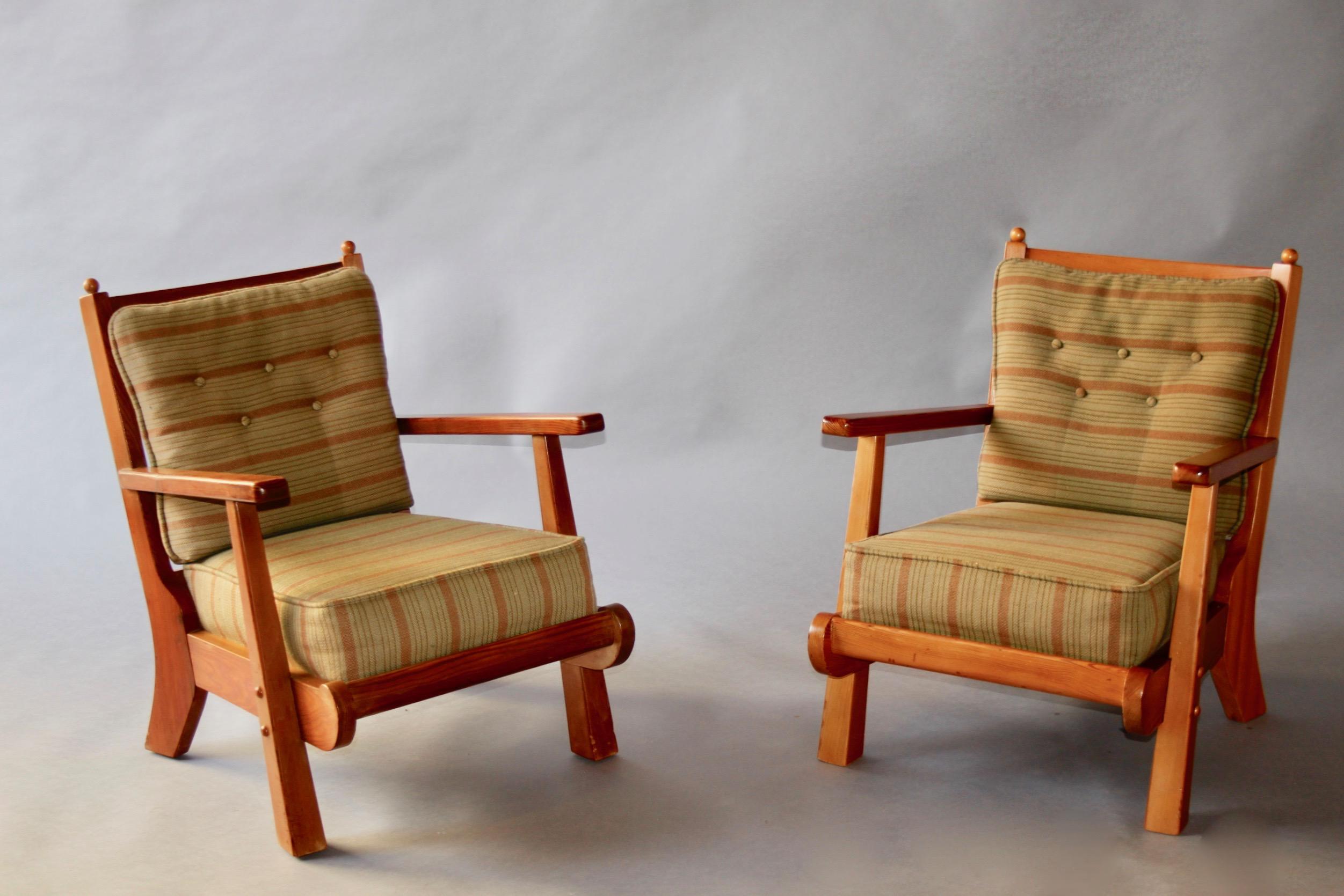 Pair of wood and fabric mid century armchairs with original fabric