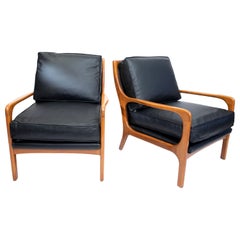 Pair of Wood and Leather Scandinavian Armchairs, circa 1960