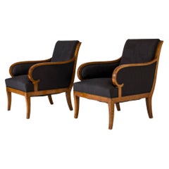 Pair of Wood and Linen Lounge Chairs by Carl Malmsten, Sweden, 1920s