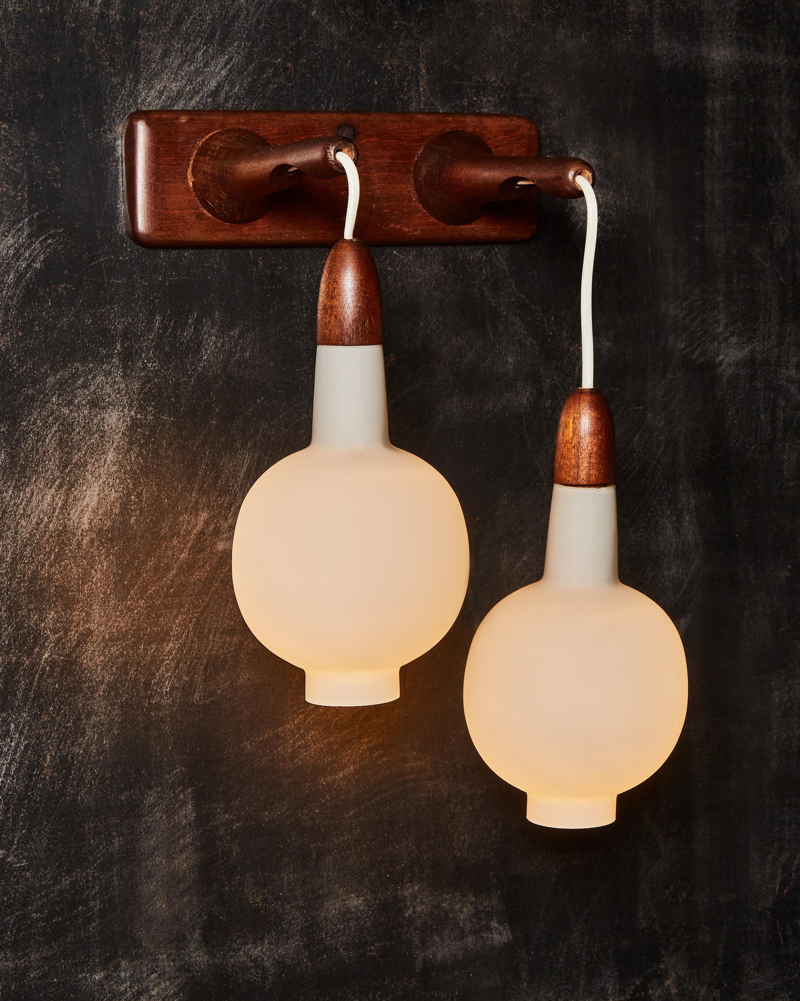 Pair of Wood and Opaline Glass Lantern Wall Sconces In Good Condition In Saint-Ouen, IDF