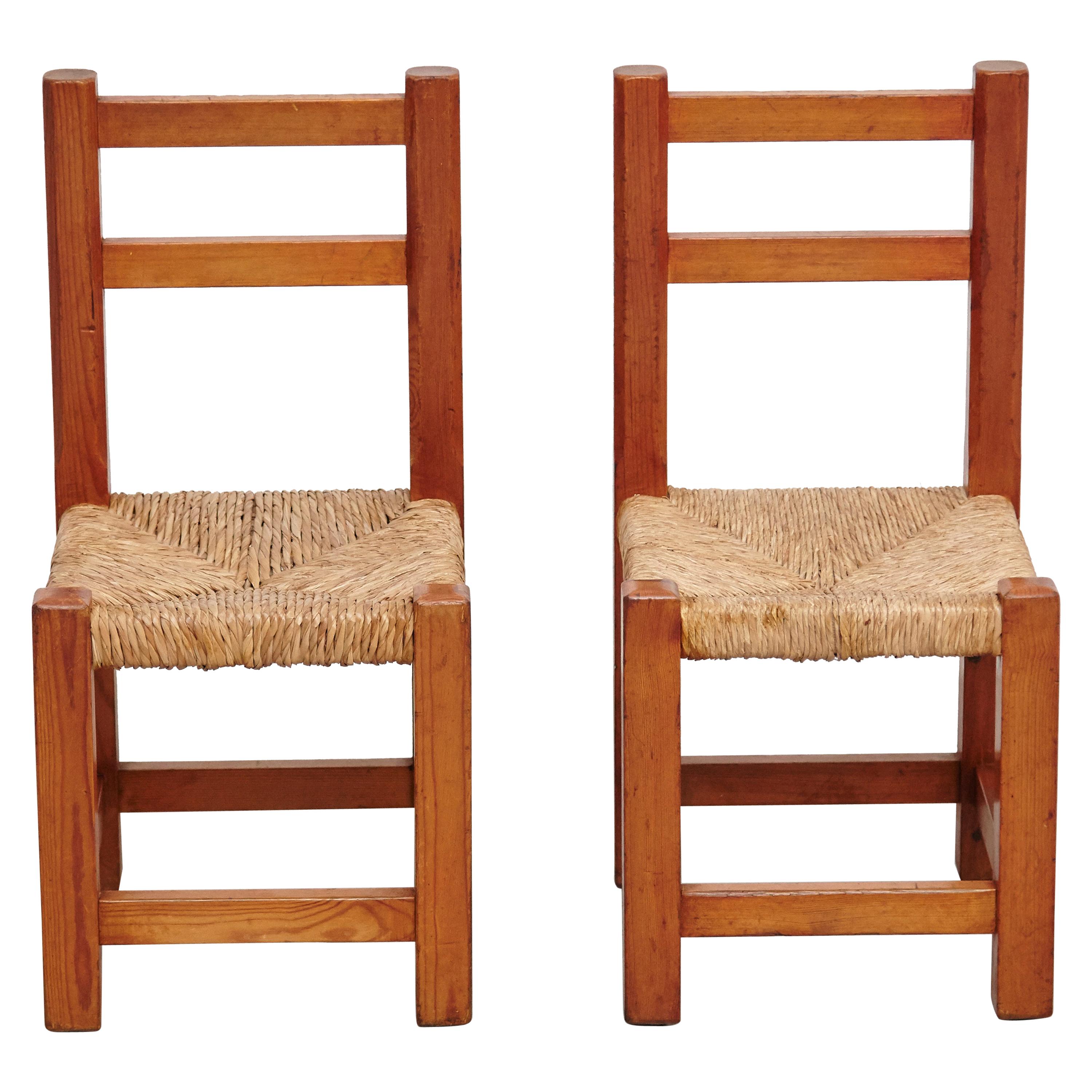 Pair of Wood and Rattan Children Chairs, circa 1960
