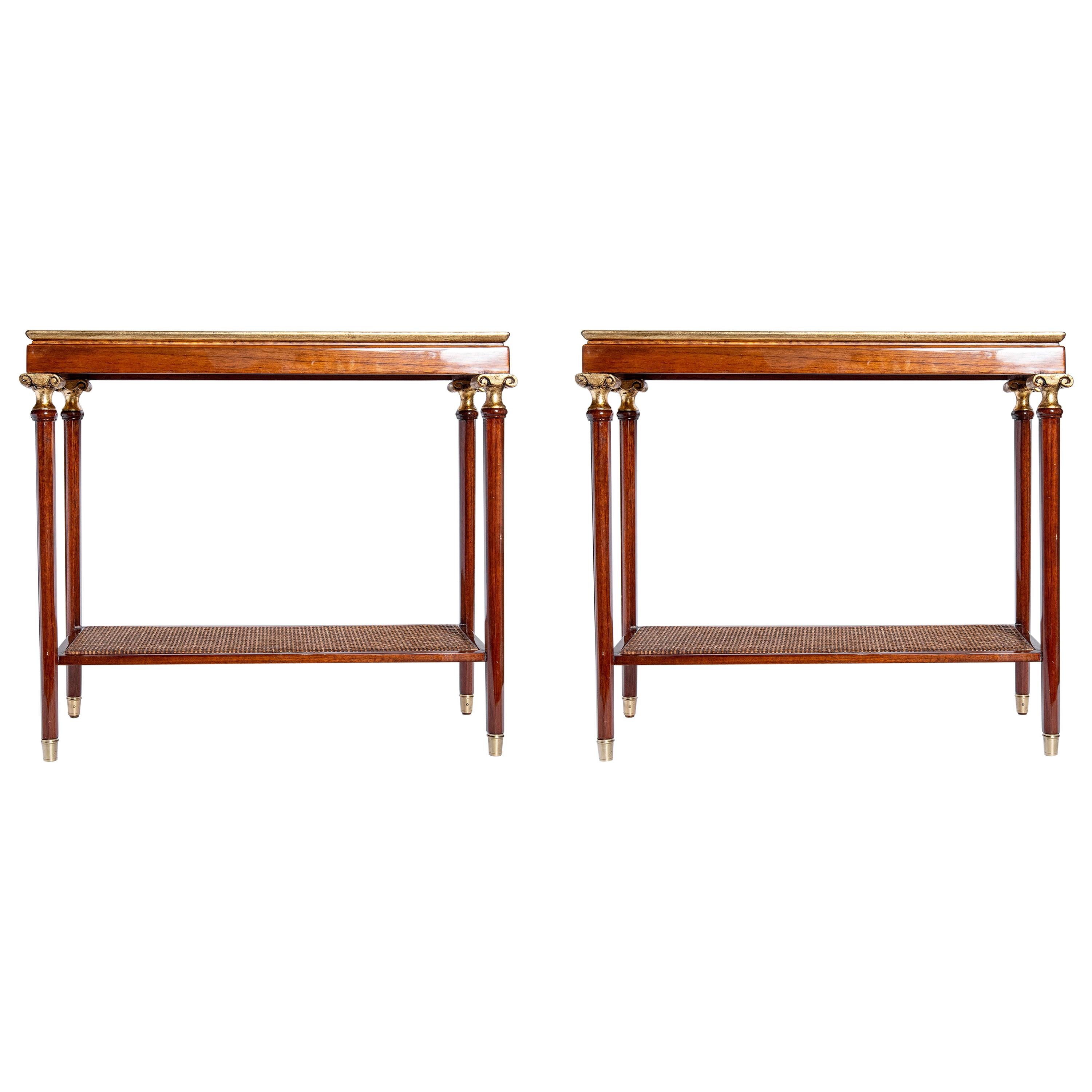 Pair of Wood and Rattan Side Tables, France, circa 1950 For Sale