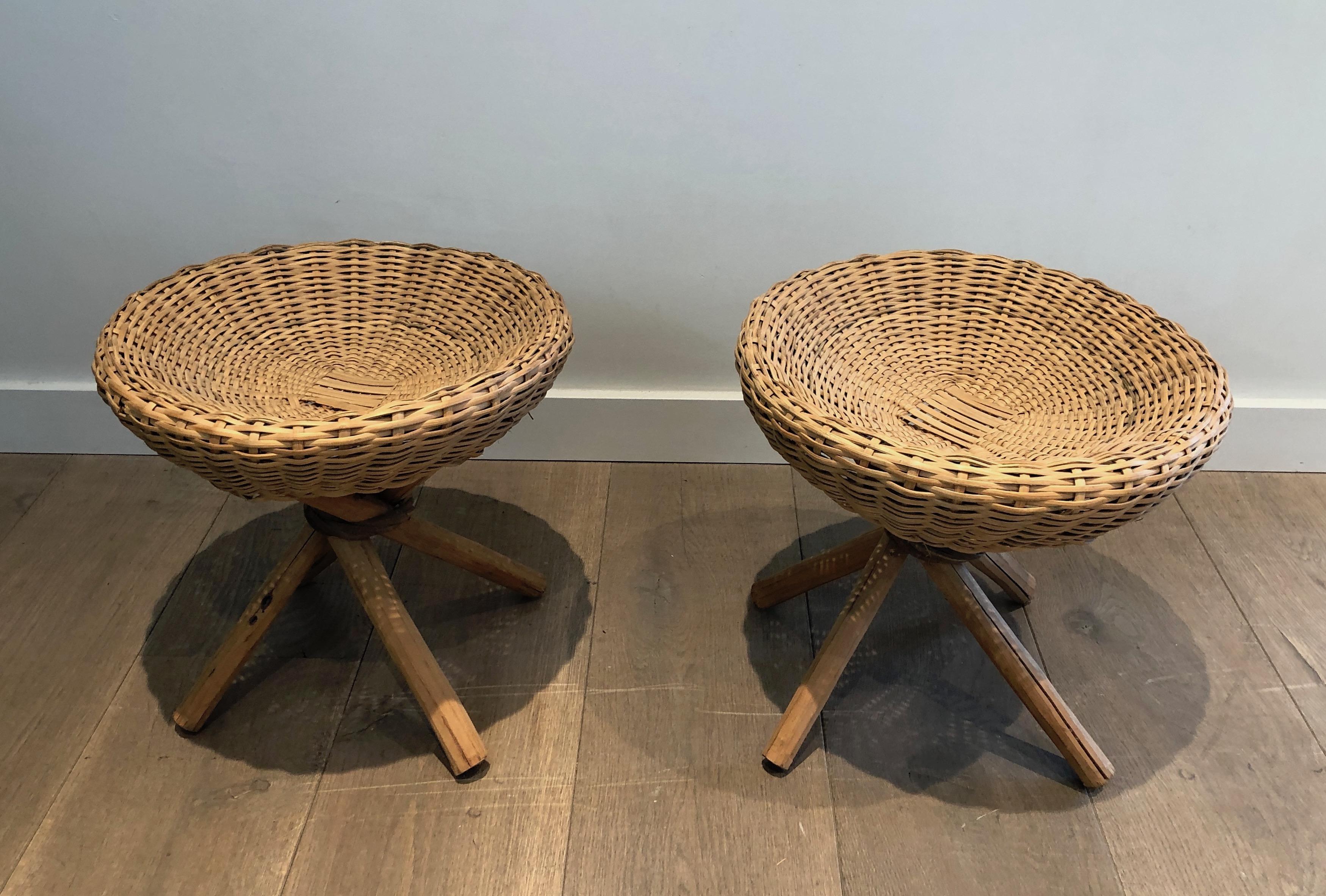 Pair of Wood and Rattan Stools, French, Circa 1970 For Sale 5