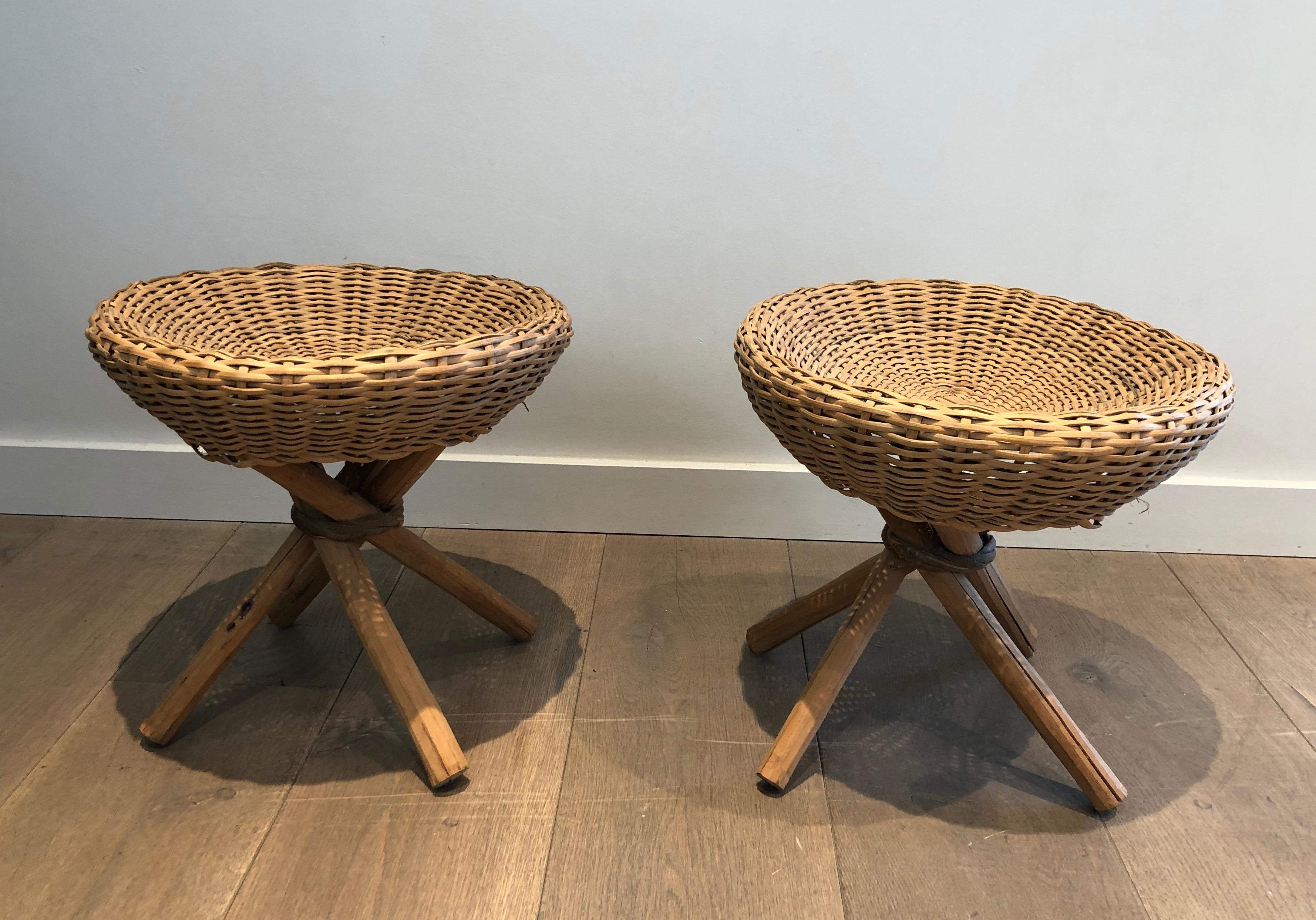 Pair of Wood and Rattan Stools, French, Circa 1970 For Sale 6