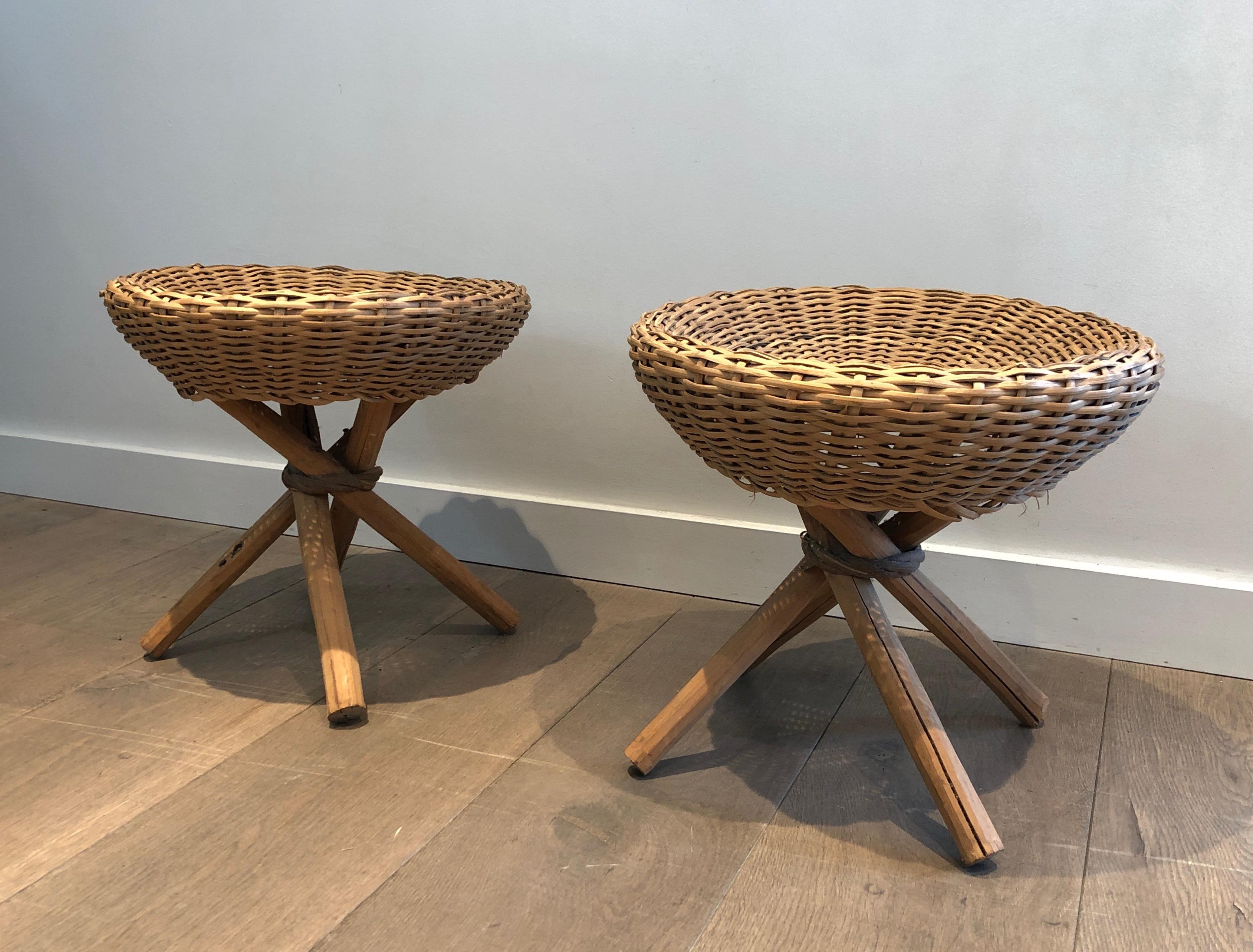 Pair of Wood and Rattan Stools, French, Circa 1970 For Sale 7