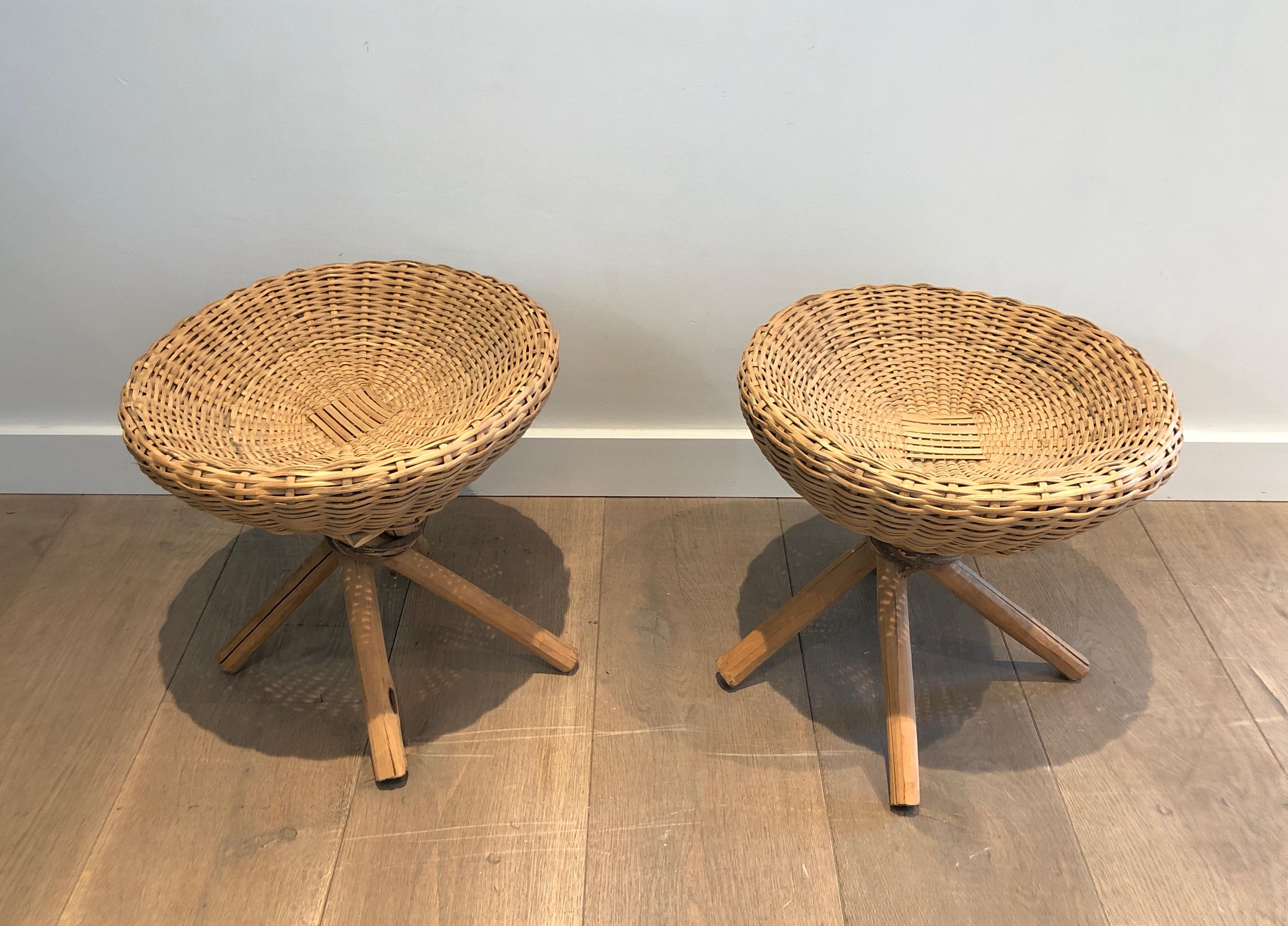 Pair of Wood and Rattan Stools, French, Circa 1970 For Sale 8