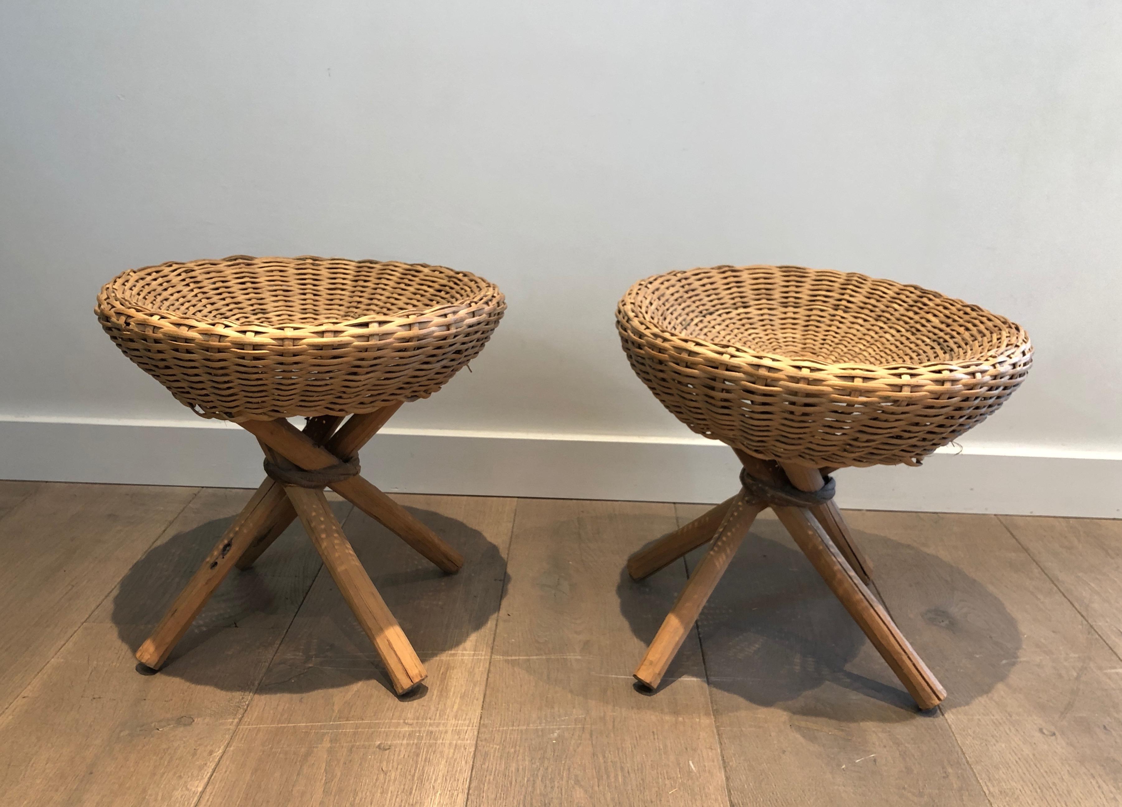 Mid-Century Modern Pair of Wood and Rattan Stools, French, Circa 1970 For Sale