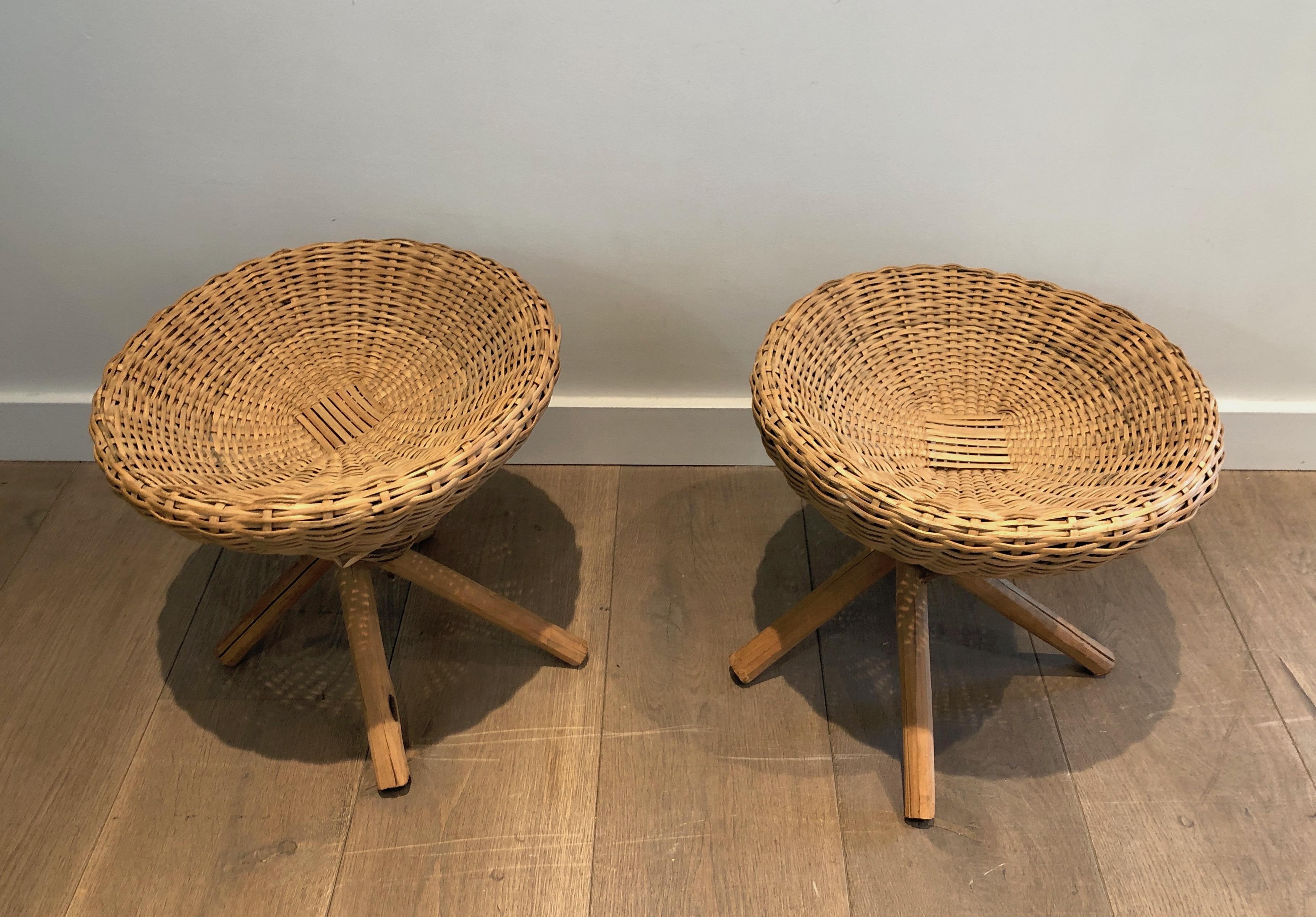 Late 20th Century Pair of Wood and Rattan Stools, French, Circa 1970 For Sale