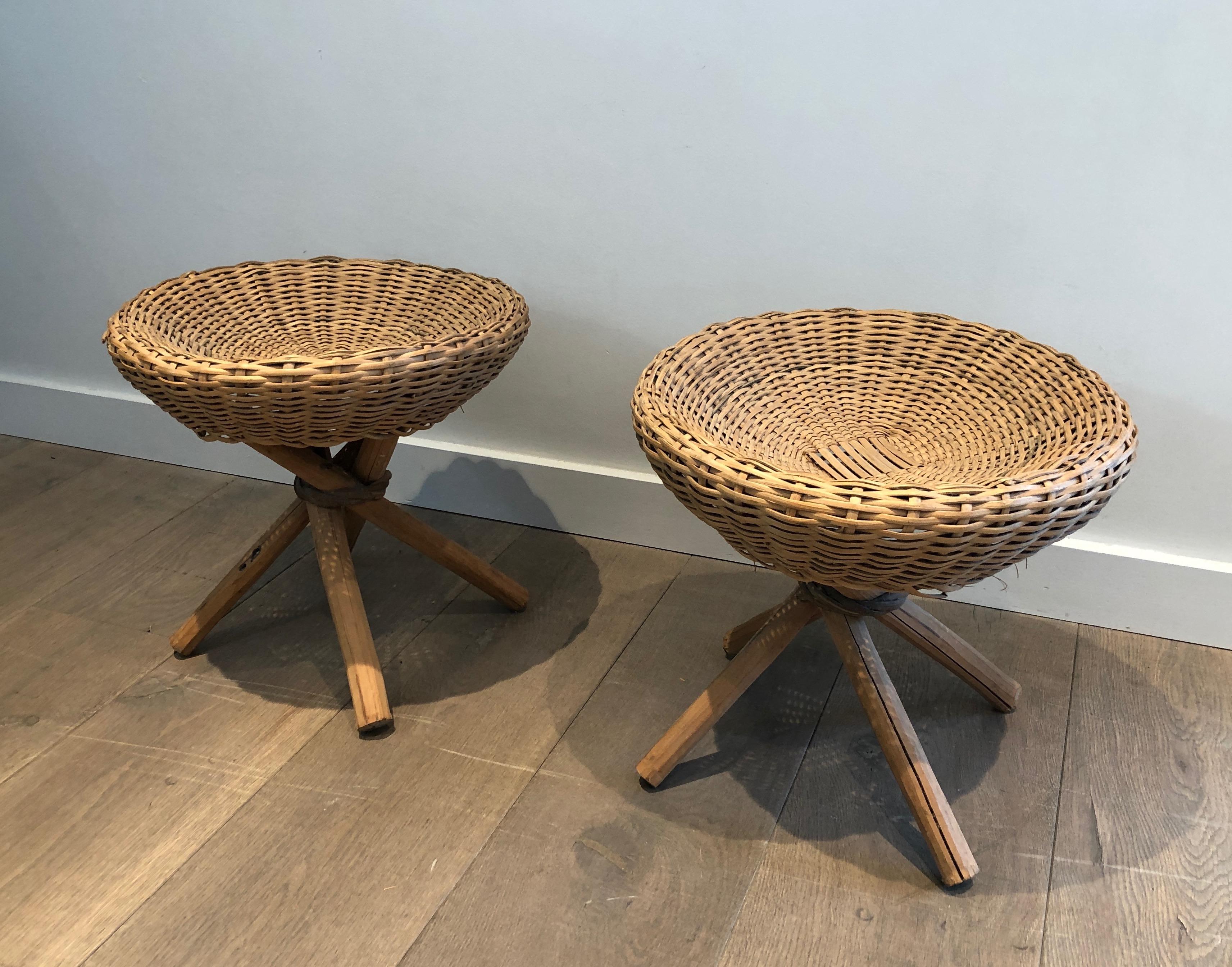 Pair of Wood and Rattan Stools, French, Circa 1970 For Sale 4