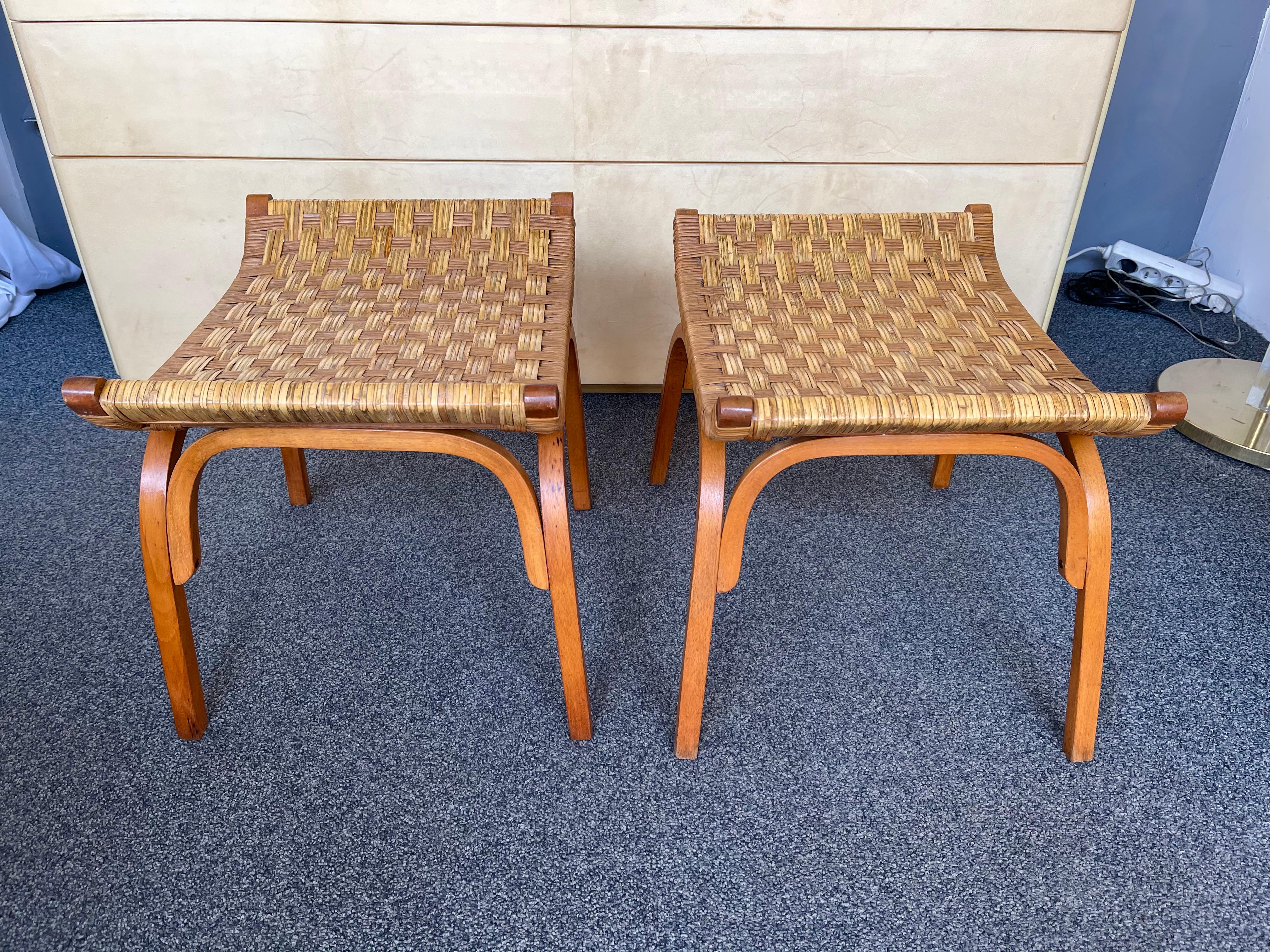 Pair of Wood and Rattan Taurus Stools, Italy, 1960s 3