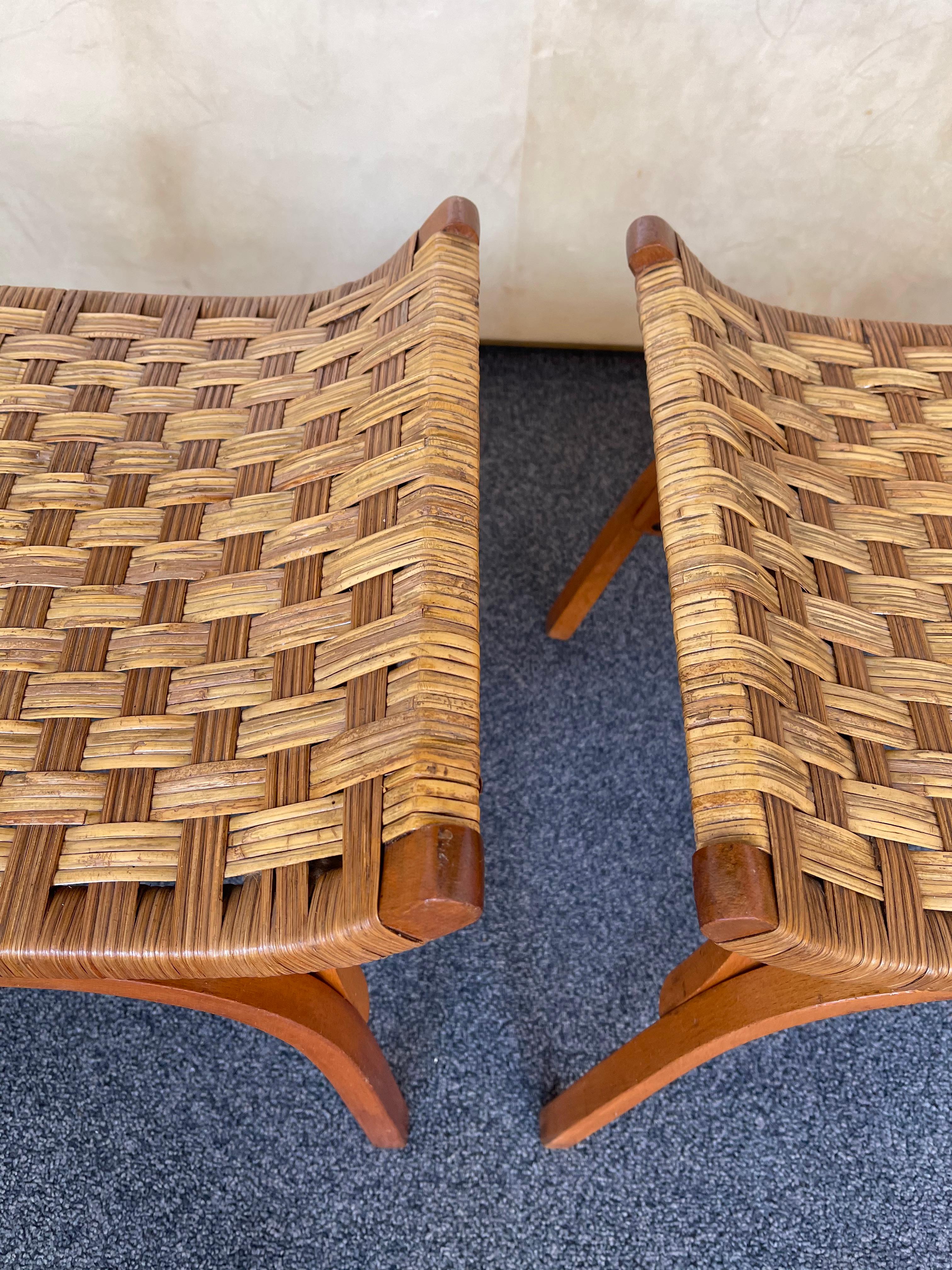 Pair of Wood and Rattan Taurus Stools, Italy, 1960s 4