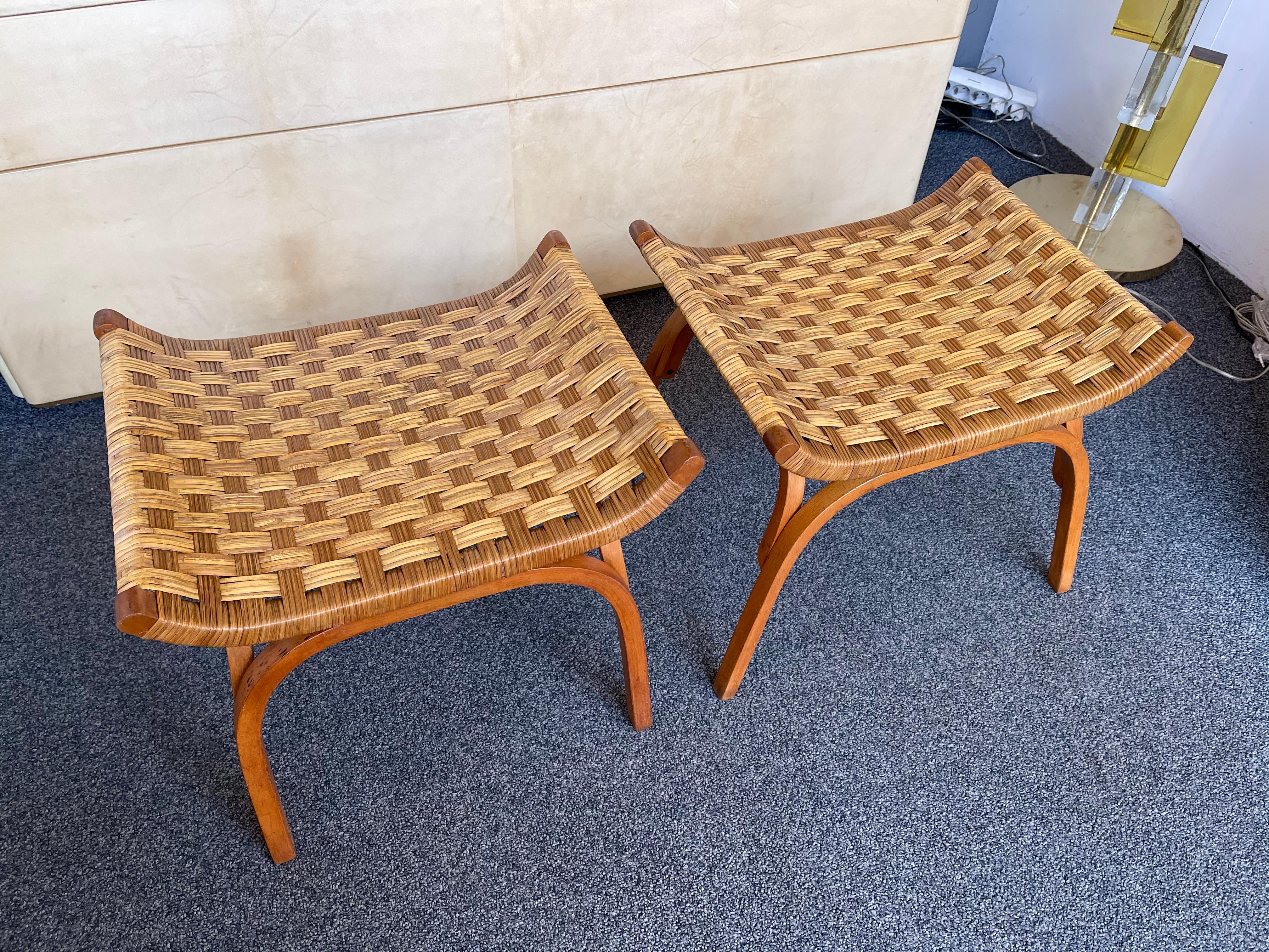 Pair of Wood and Rattan Taurus Stools, Italy, 1960s 2