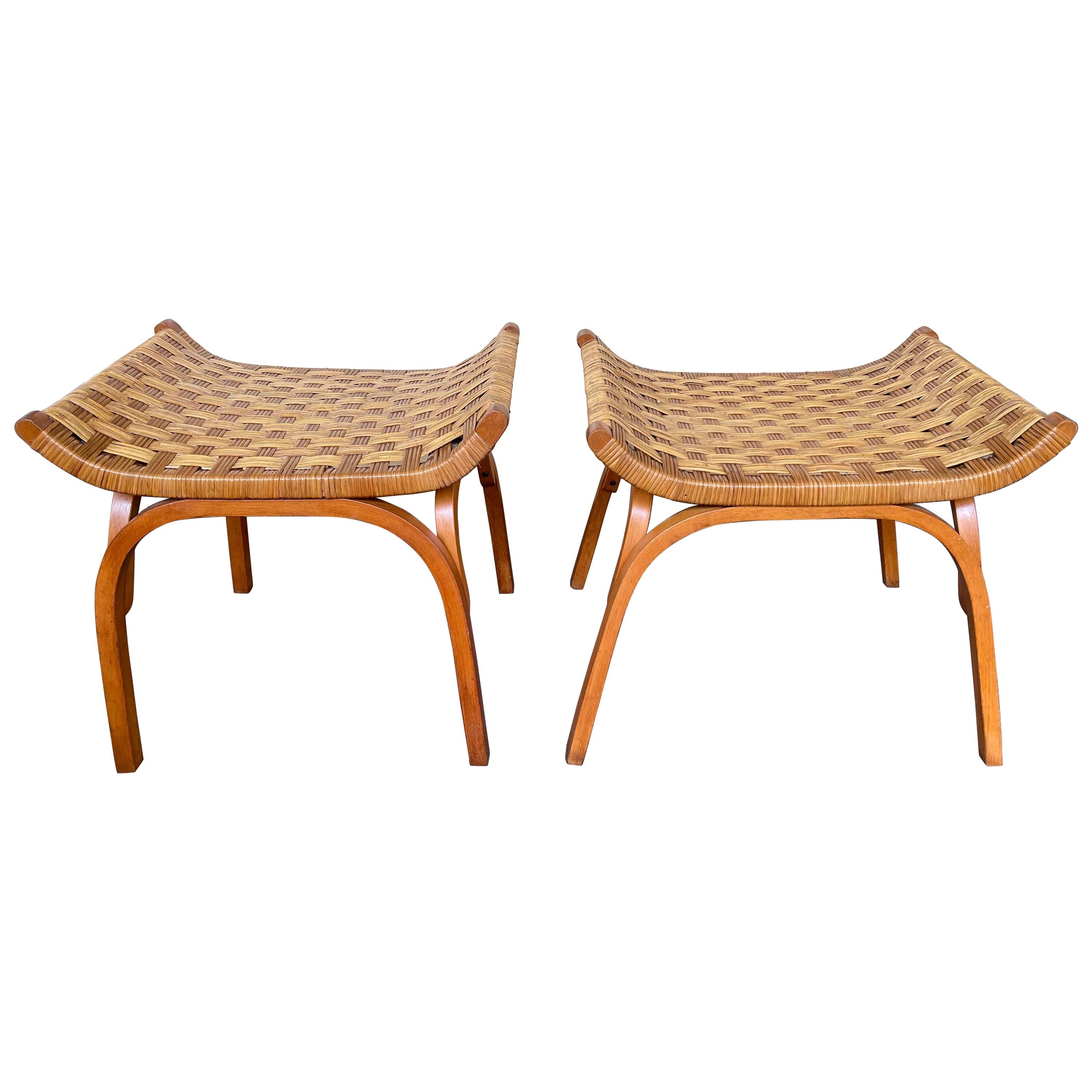 Pair of Wood and Rattan Taurus Stools, Italy, 1960s