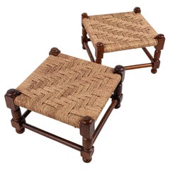 Pair of wood and rope square stools, early 20th century, France