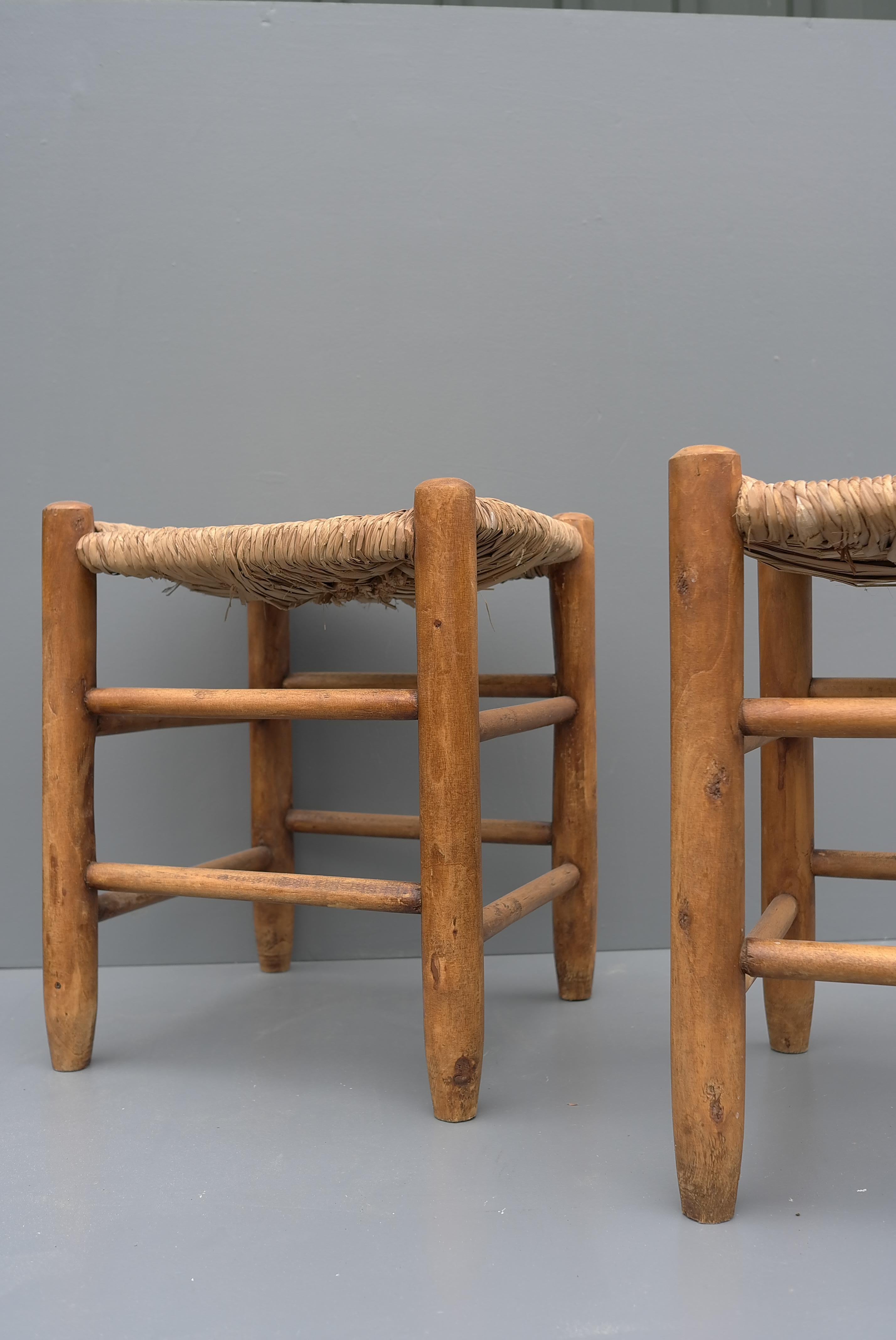 Mid-Century Modern Pair of Wood and Rush Stools in Style of Charlotte Perriand, France 1960's