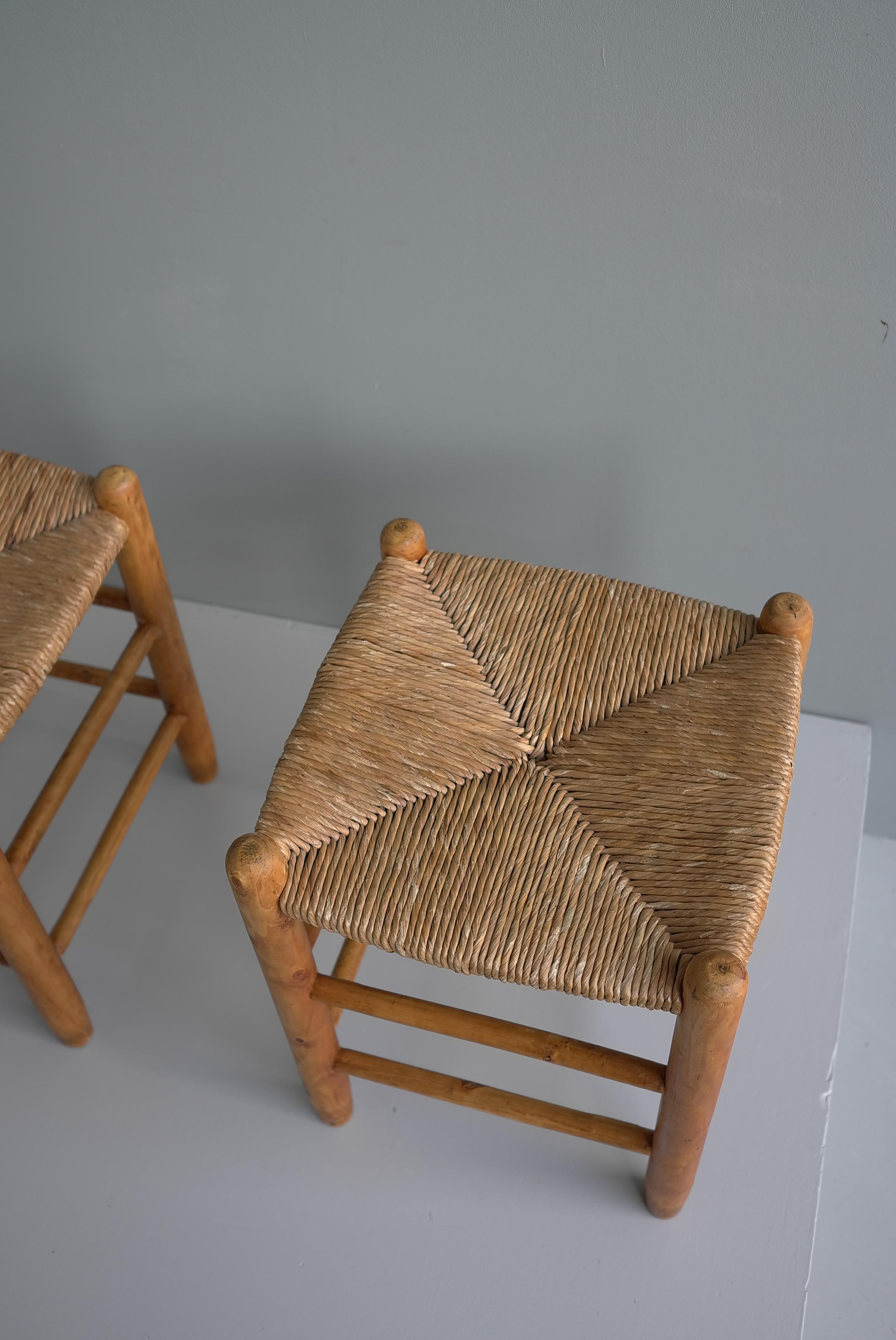 French Pair of Wood and Rush Stools in Style of Charlotte Perriand, France 1960's