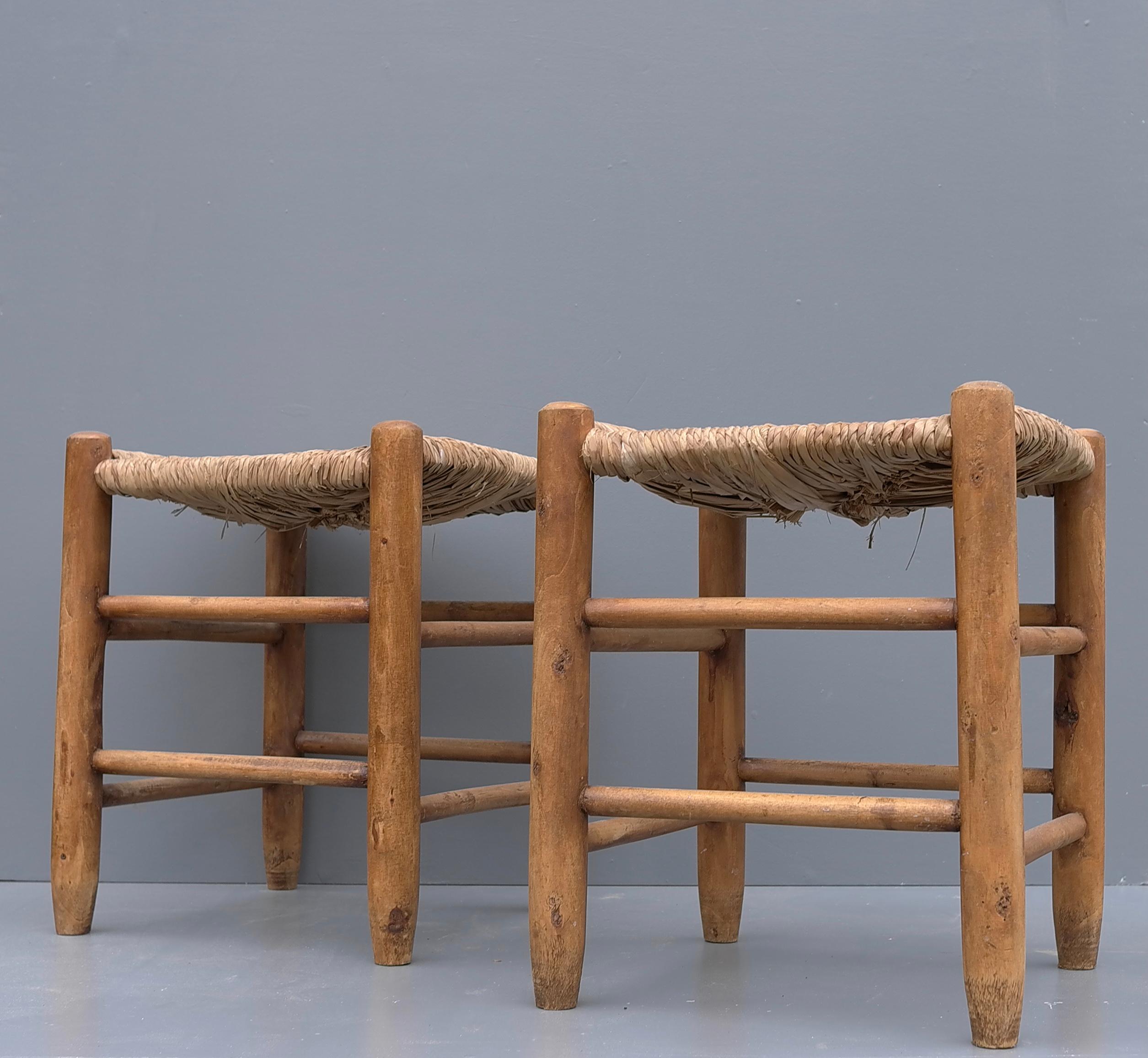 Pair of Wood and Rush Stools in Style of Charlotte Perriand, France 1960's In Good Condition In Den Haag, NL