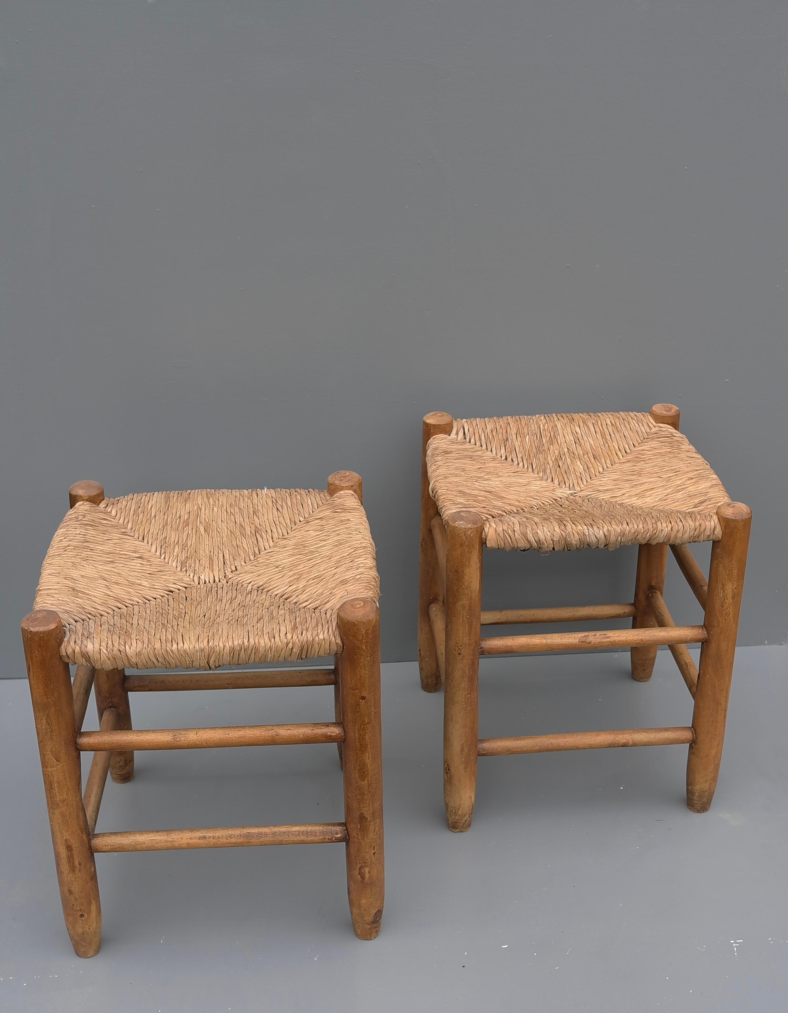 20th Century Pair of Wood and Rush Stools in Style of Charlotte Perriand, France 1960's