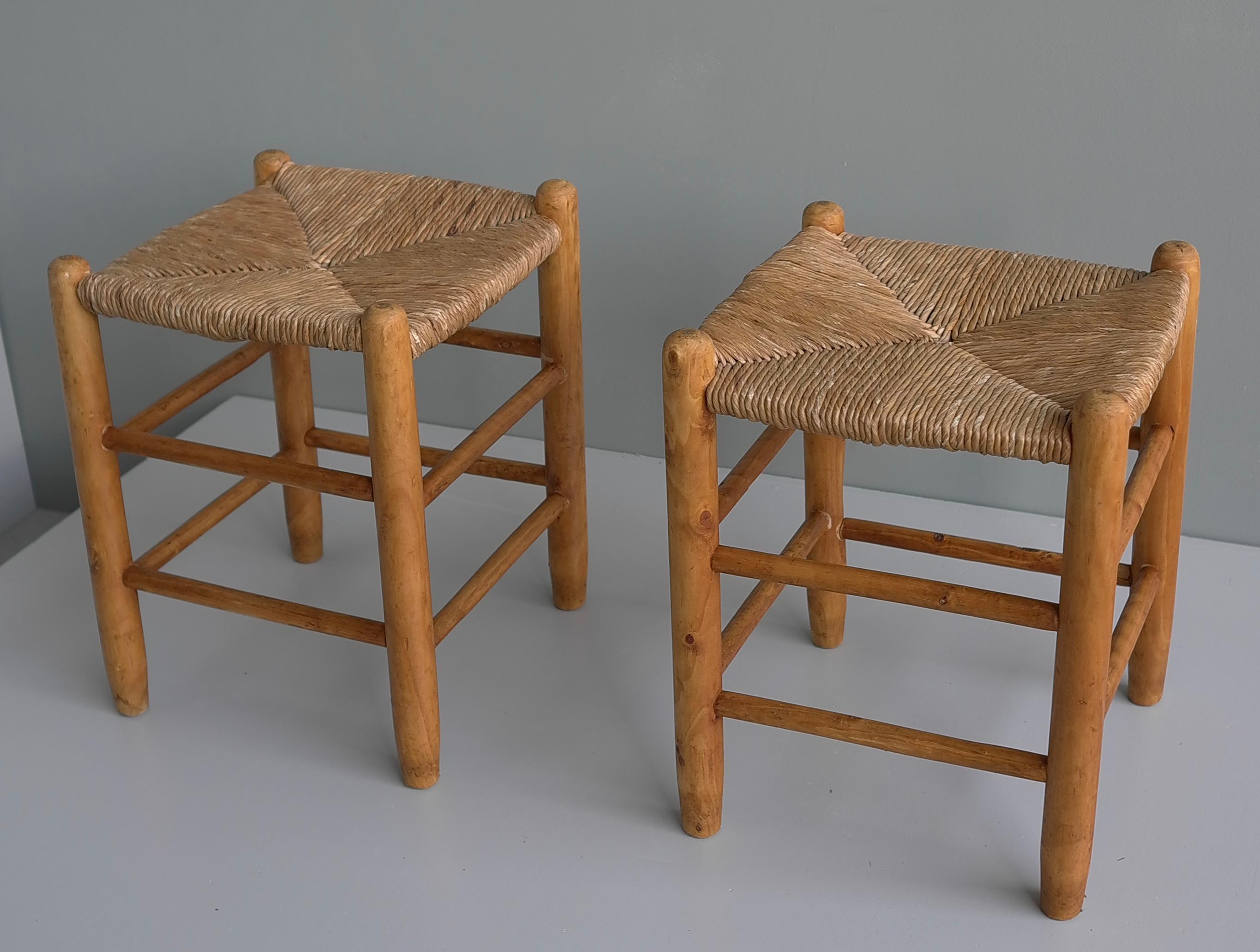 20th Century Pair of Wood and Rush Stools in Style of Charlotte Perriand, France 1960's