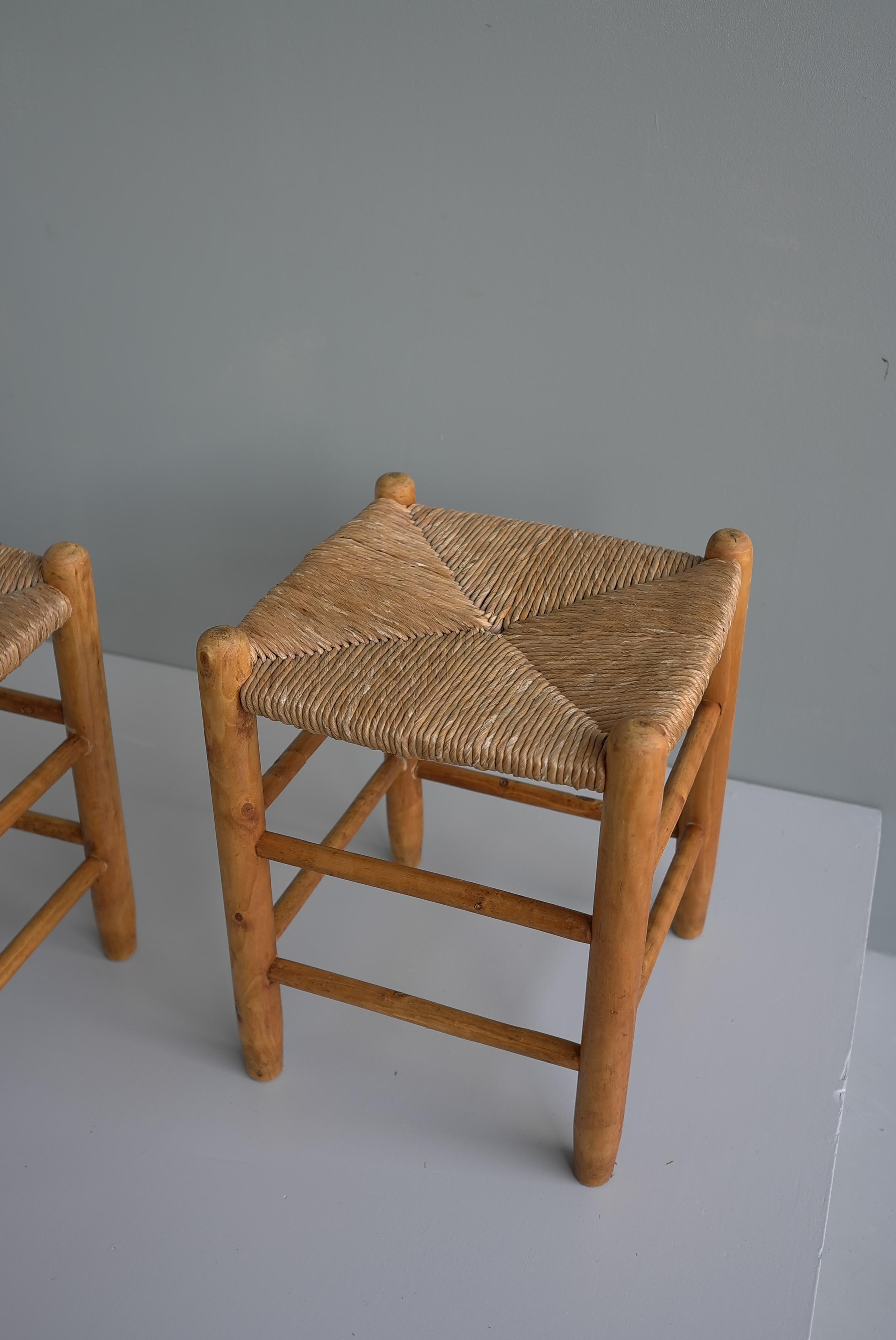 Pair of Wood and Rush Stools in Style of Charlotte Perriand, France 1960's 1