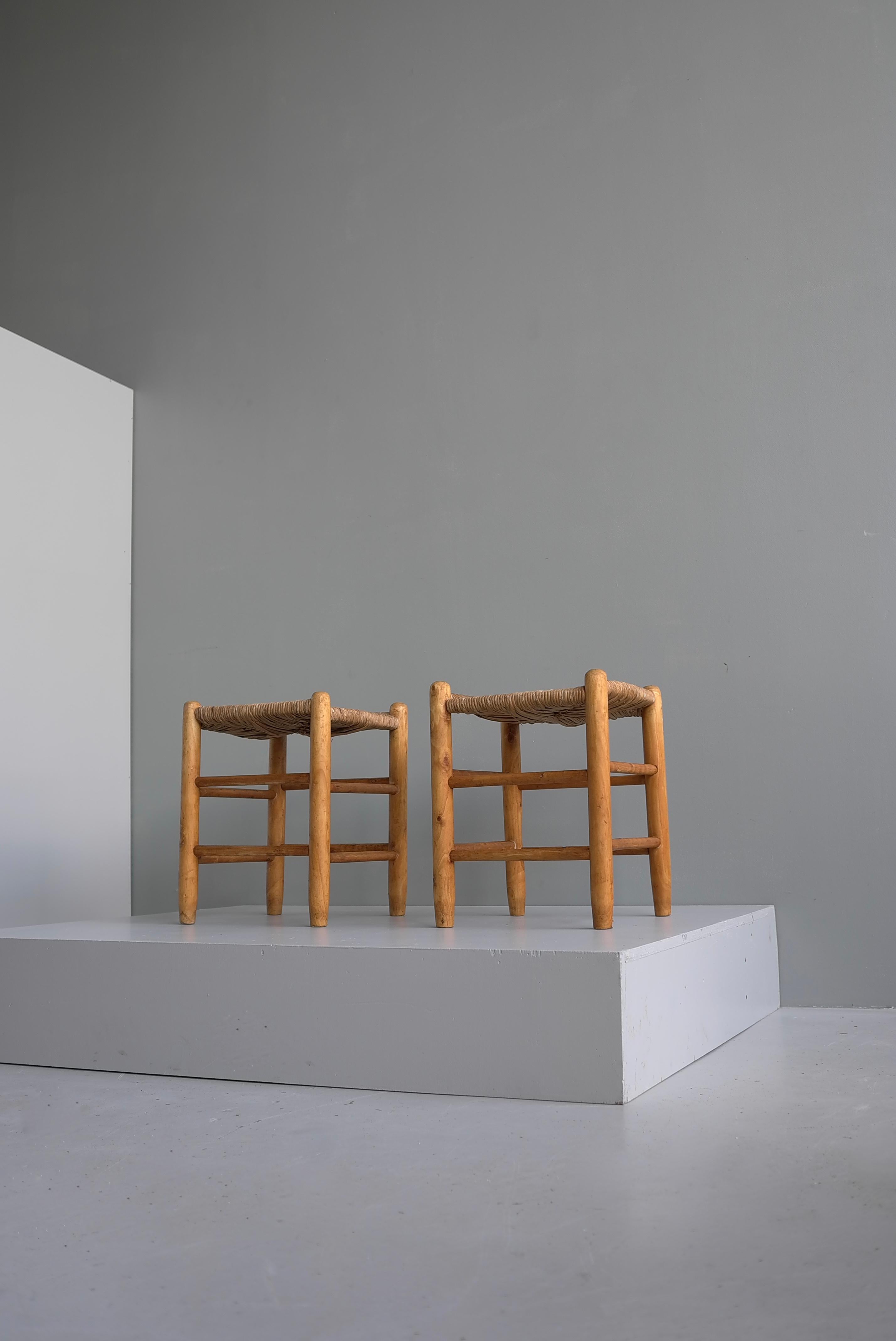 Pair of Wood and Rush Stools in Style of Charlotte Perriand, France 1960's 2