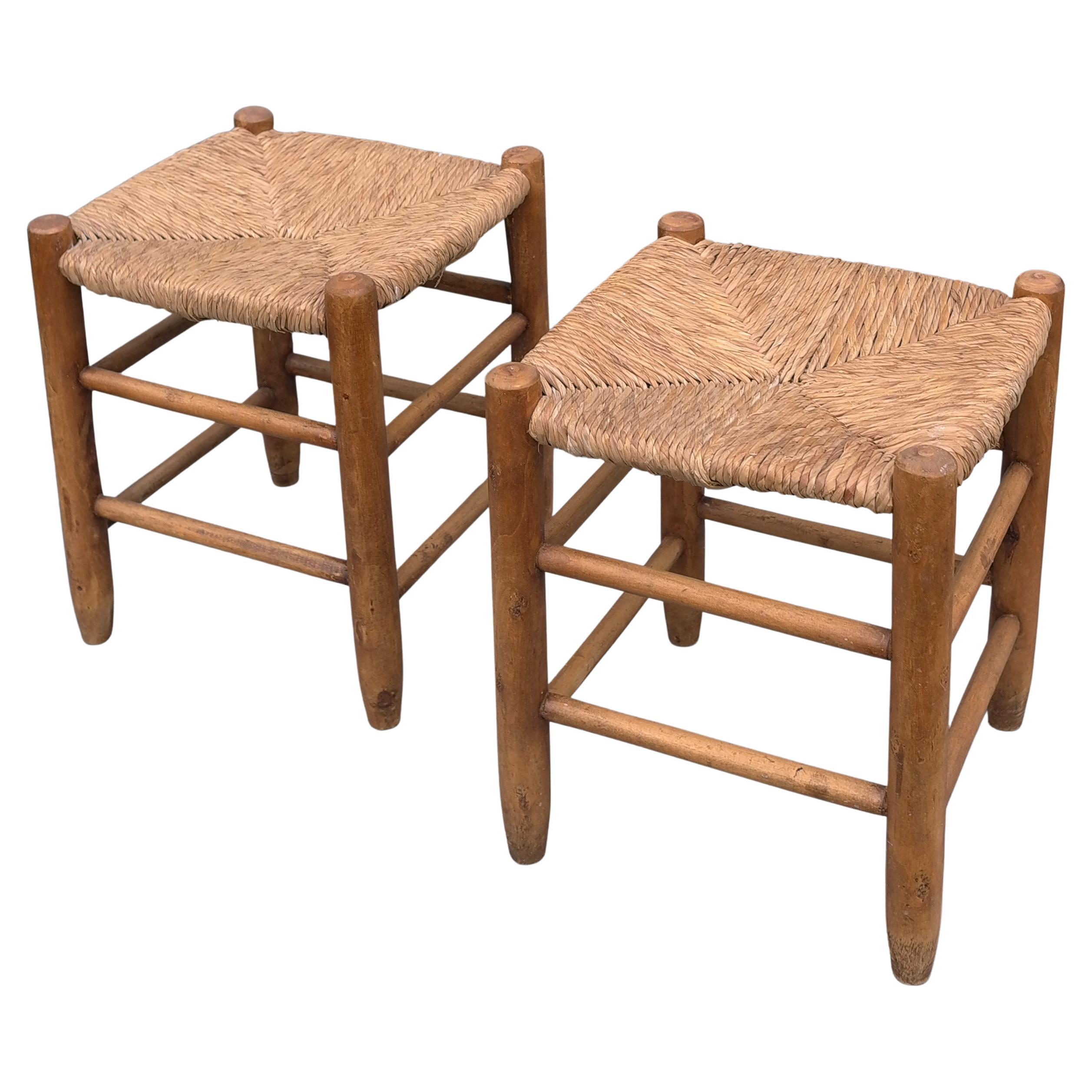 Pair of Wood and Rush Stools in Style of Charlotte Perriand, France 1960's