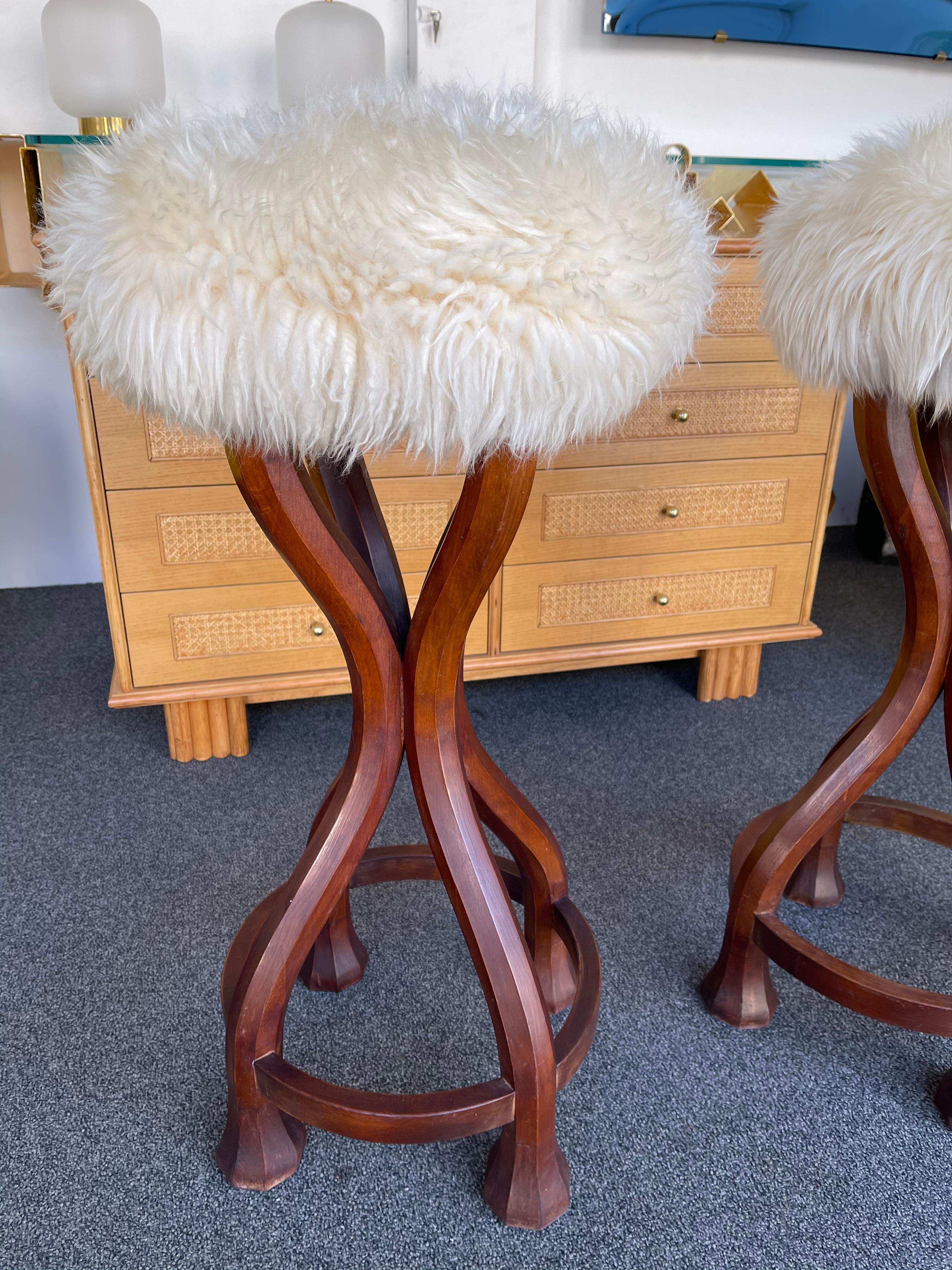 Pair of Wood and Sheepskin Bar Stools. Italy, 1970s For Sale 4