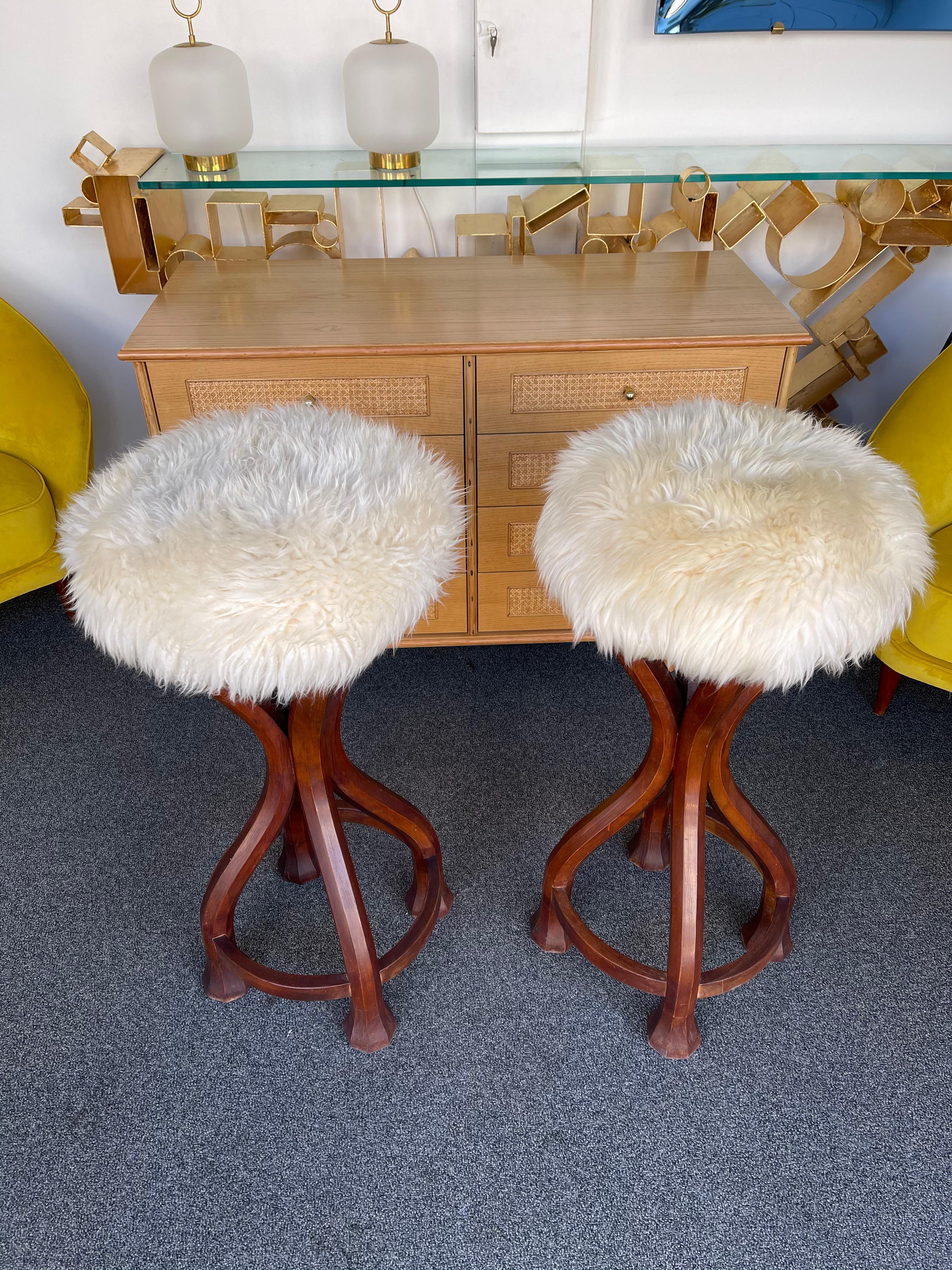 Art Deco Pair of Wood and Sheepskin Bar Stools. Italy, 1970s For Sale