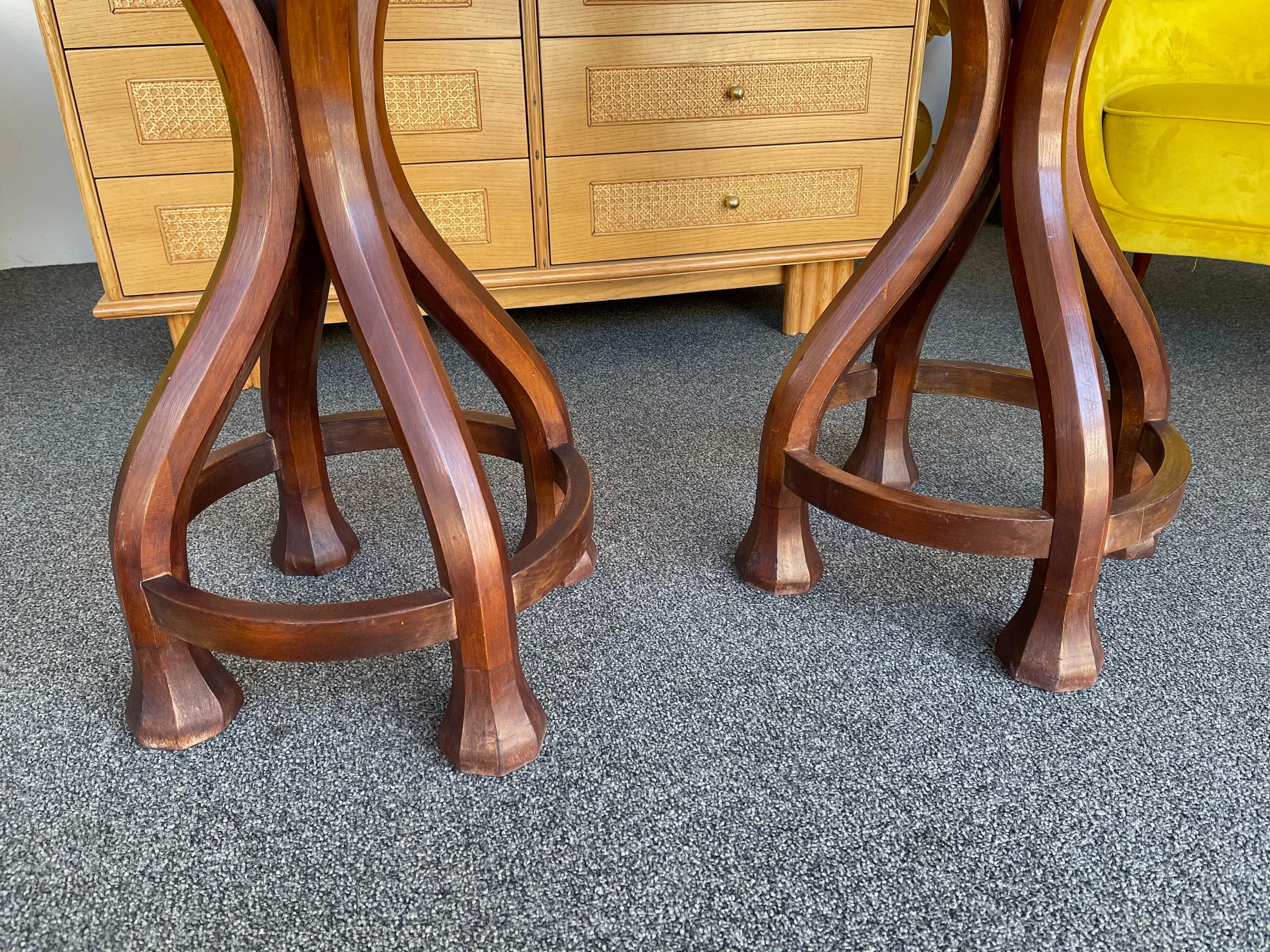 Pair of Wood and Sheepskin Bar Stools. Italy, 1970s In Good Condition For Sale In SAINT-OUEN, FR