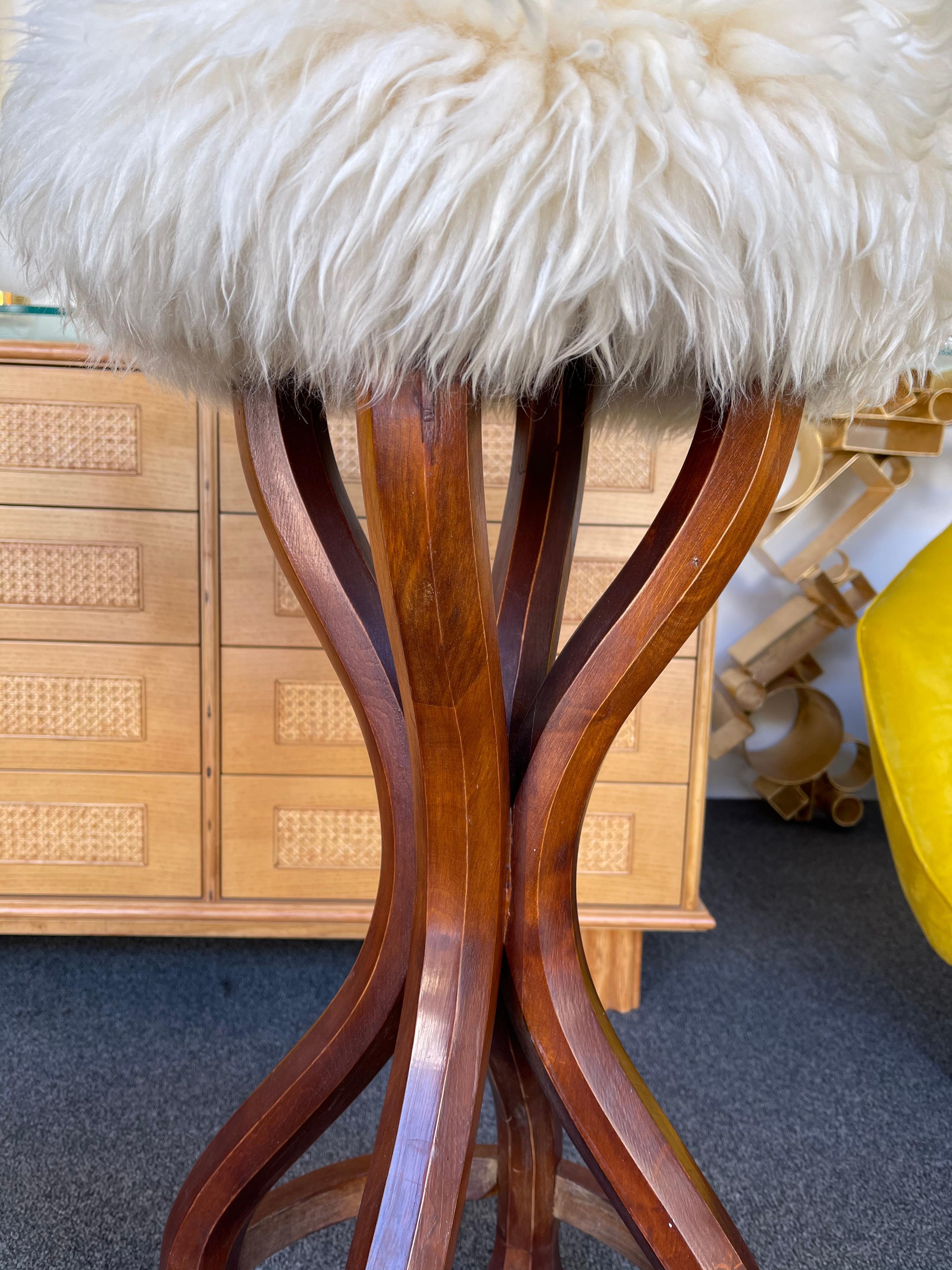 Pair of Wood and Sheepskin Bar Stools. Italy, 1970s For Sale 2