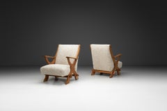 Pair of Wood and Sheepskin Lounge Chairs, Europe Mid-20th Century