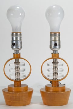Pair of Wood and Stacked Lucite Table Lamps with Fiberglass Shades