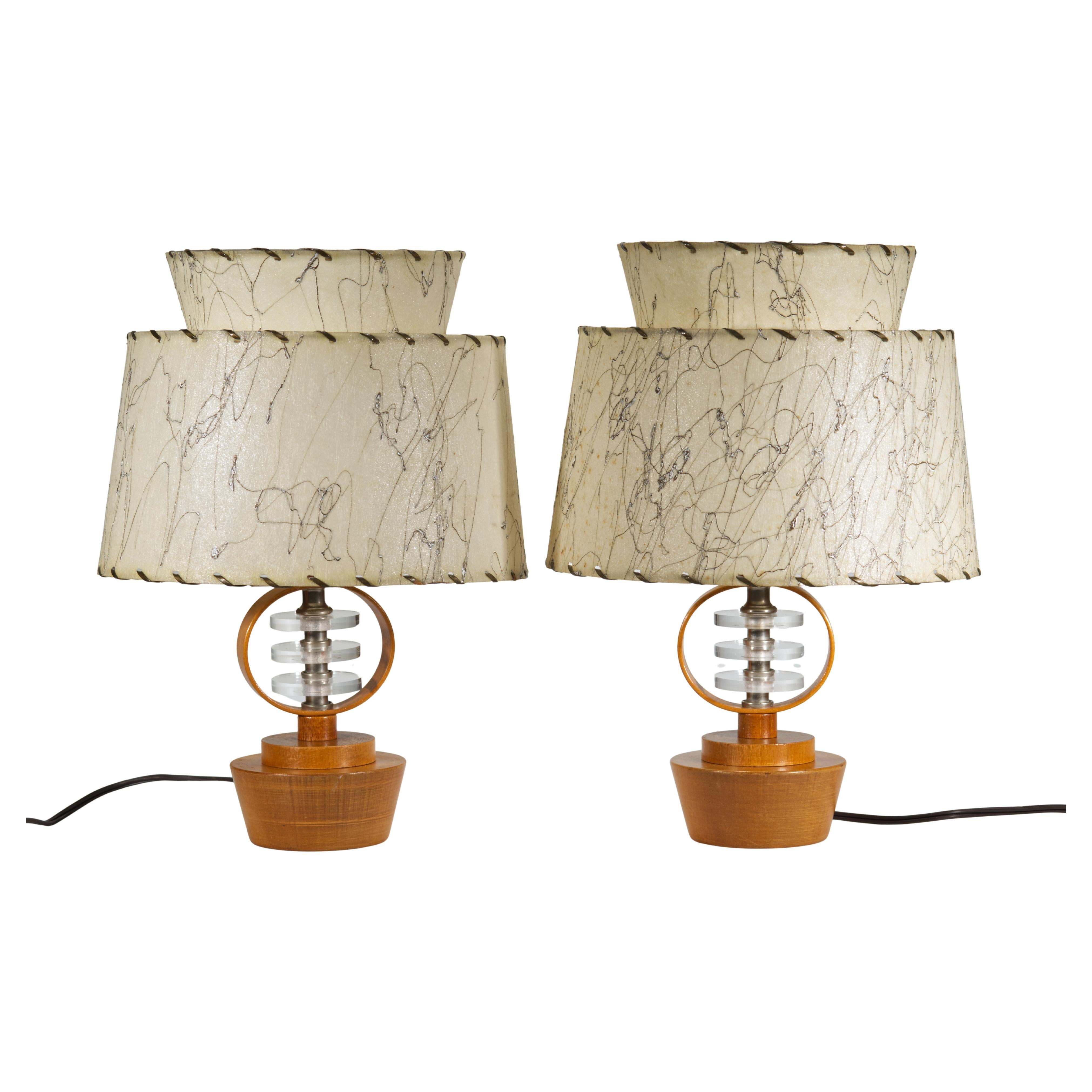 Pair of Wood and Stacked Lucite Table Lamps with Fiberglass Shades