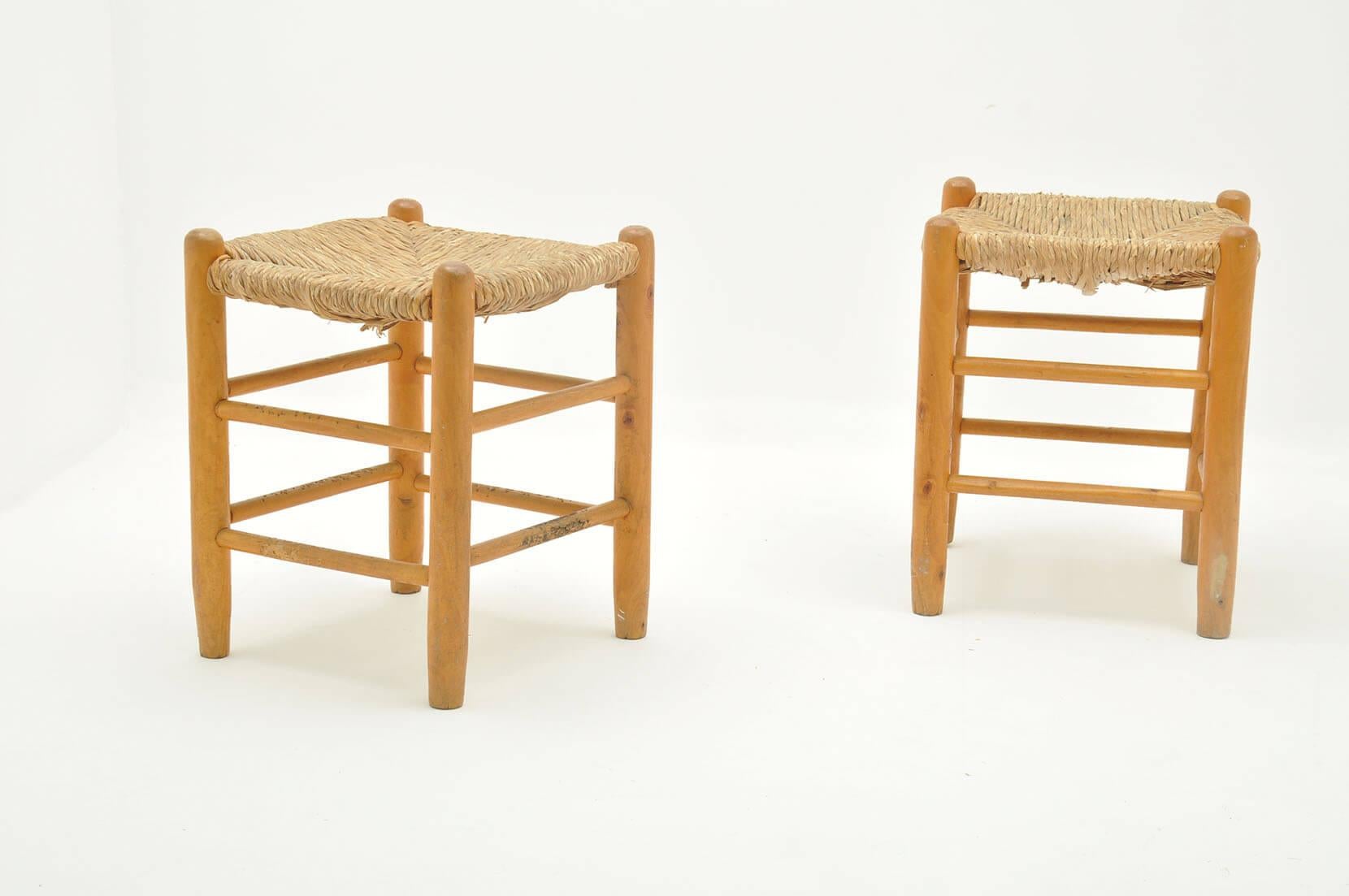 Pair of Wood and Staw Stools by Charlotte Perriand for L'équipement de la Maison 4