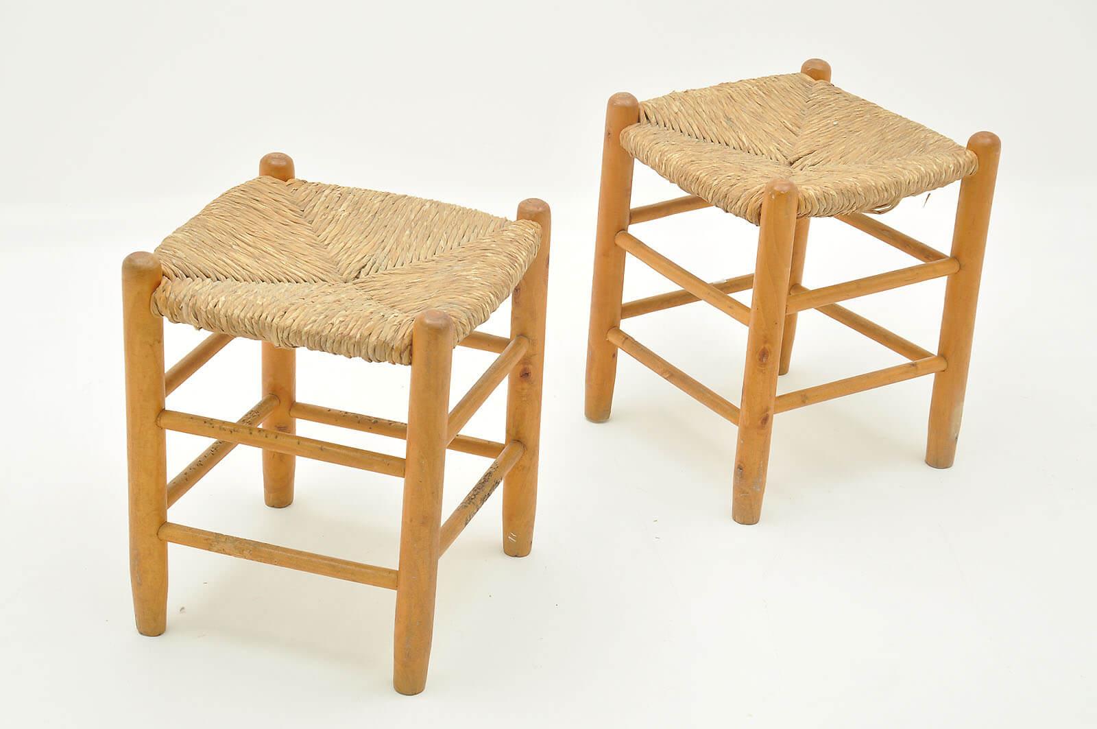 Pair of Wood and Staw Stools by Charlotte Perriand for L'équipement de la Maison 5