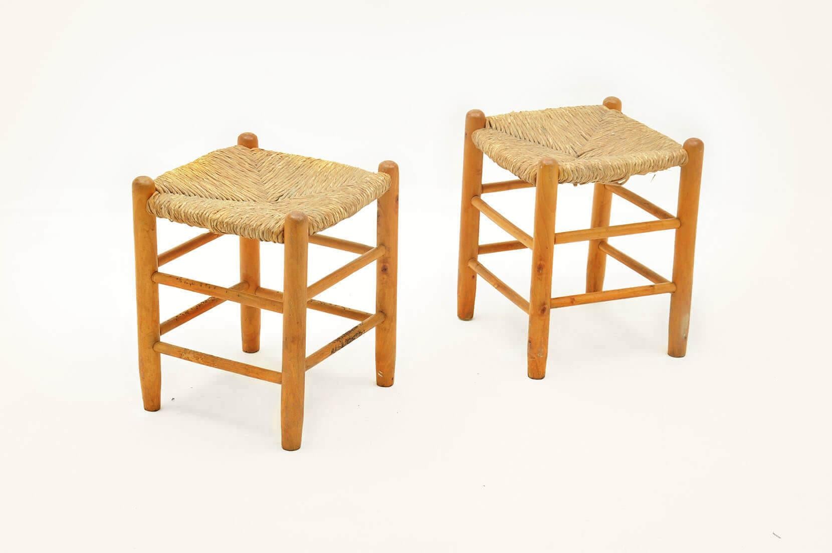 Pair of Wood and Staw Stools by Charlotte Perriand for L'équipement de la Maison 6