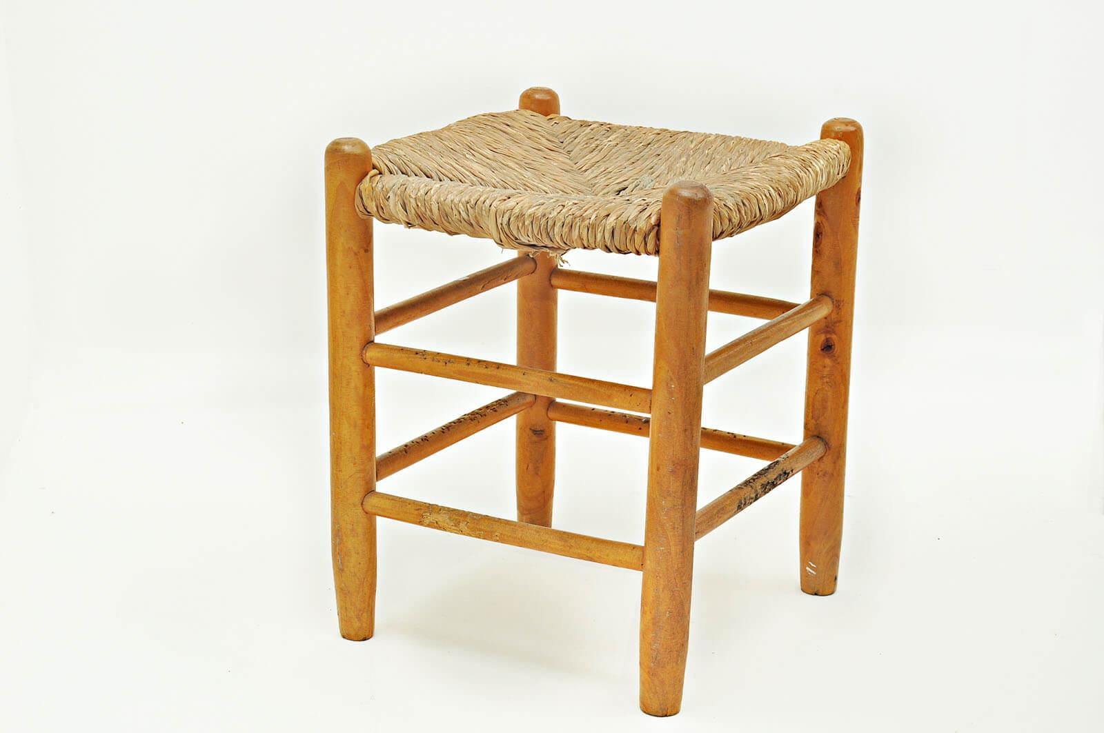 Mid-Century Modern Pair of Wood and Staw Stools by Charlotte Perriand for L'équipement de la Maison