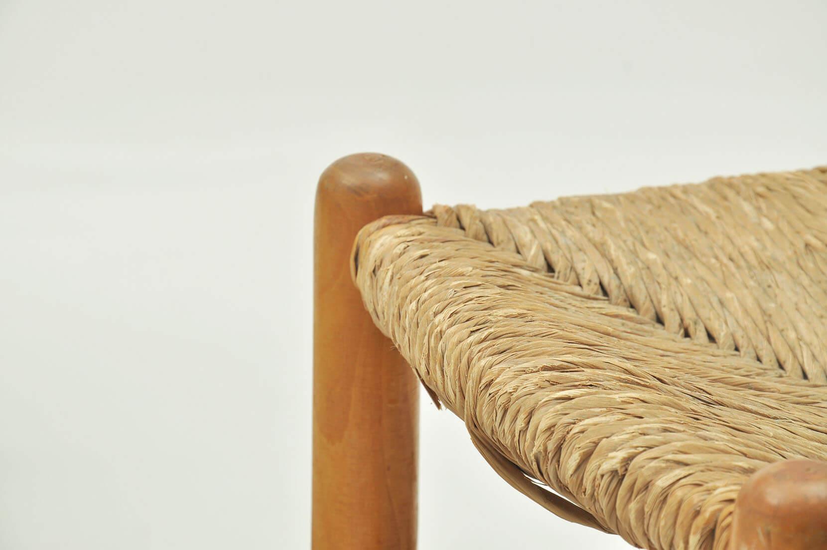 French Pair of Wood and Staw Stools by Charlotte Perriand for L'équipement de la Maison