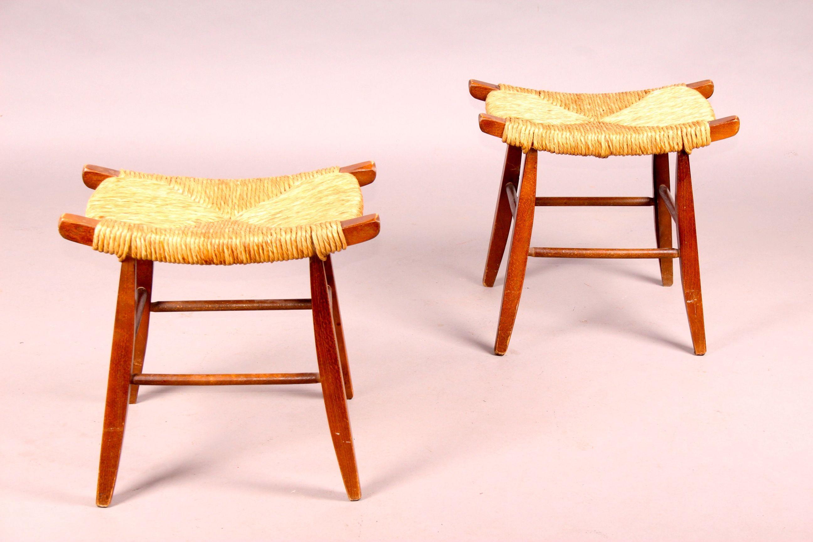 Pair of wood and straw stool.