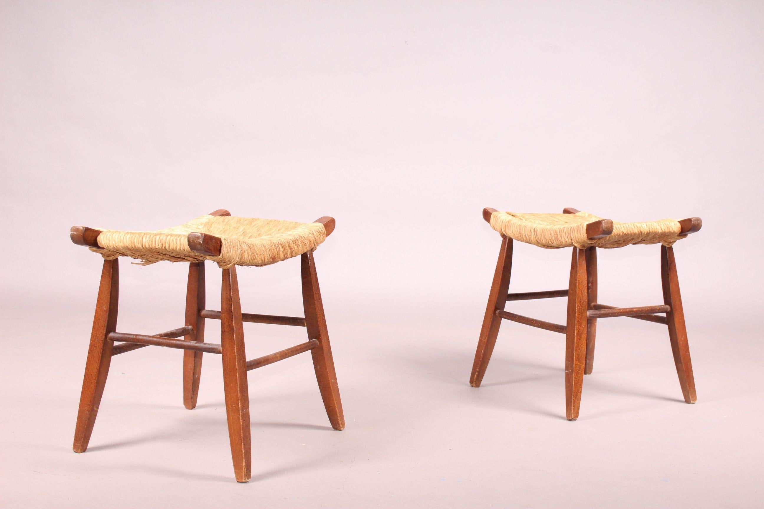 Mid-20th Century Pair of Wood and Straw Stool
