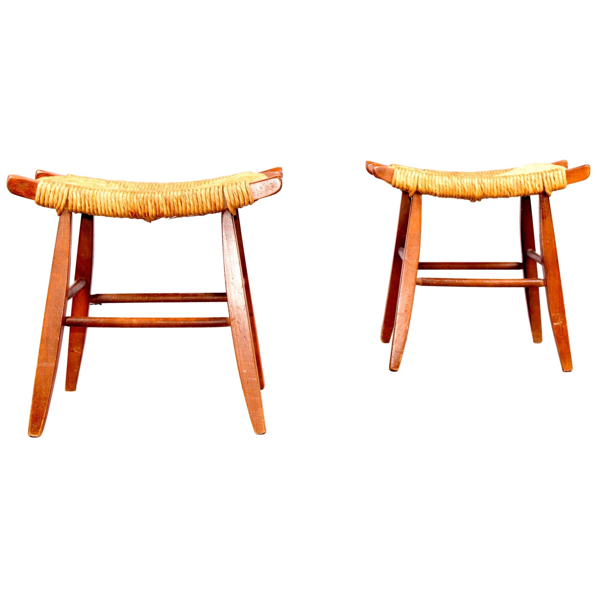 Pair of Wood and Straw Stool